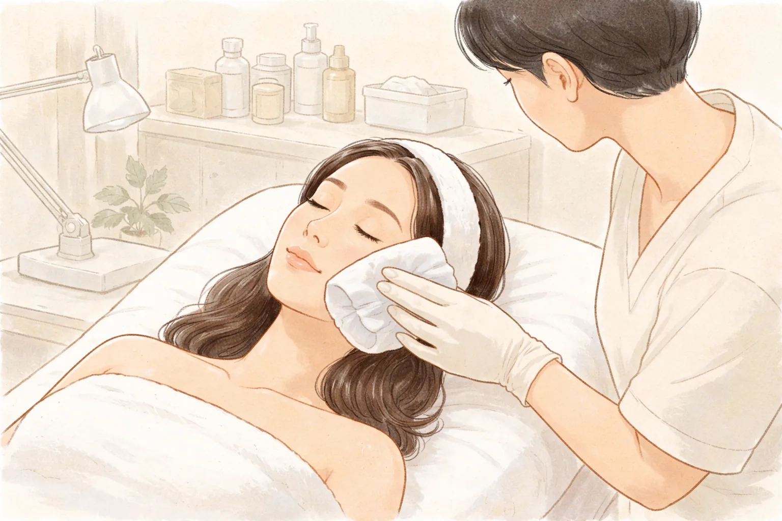 Woman lying on a bed with eyes closed holding a cold pack to her cheek, with a gloved woman beside her