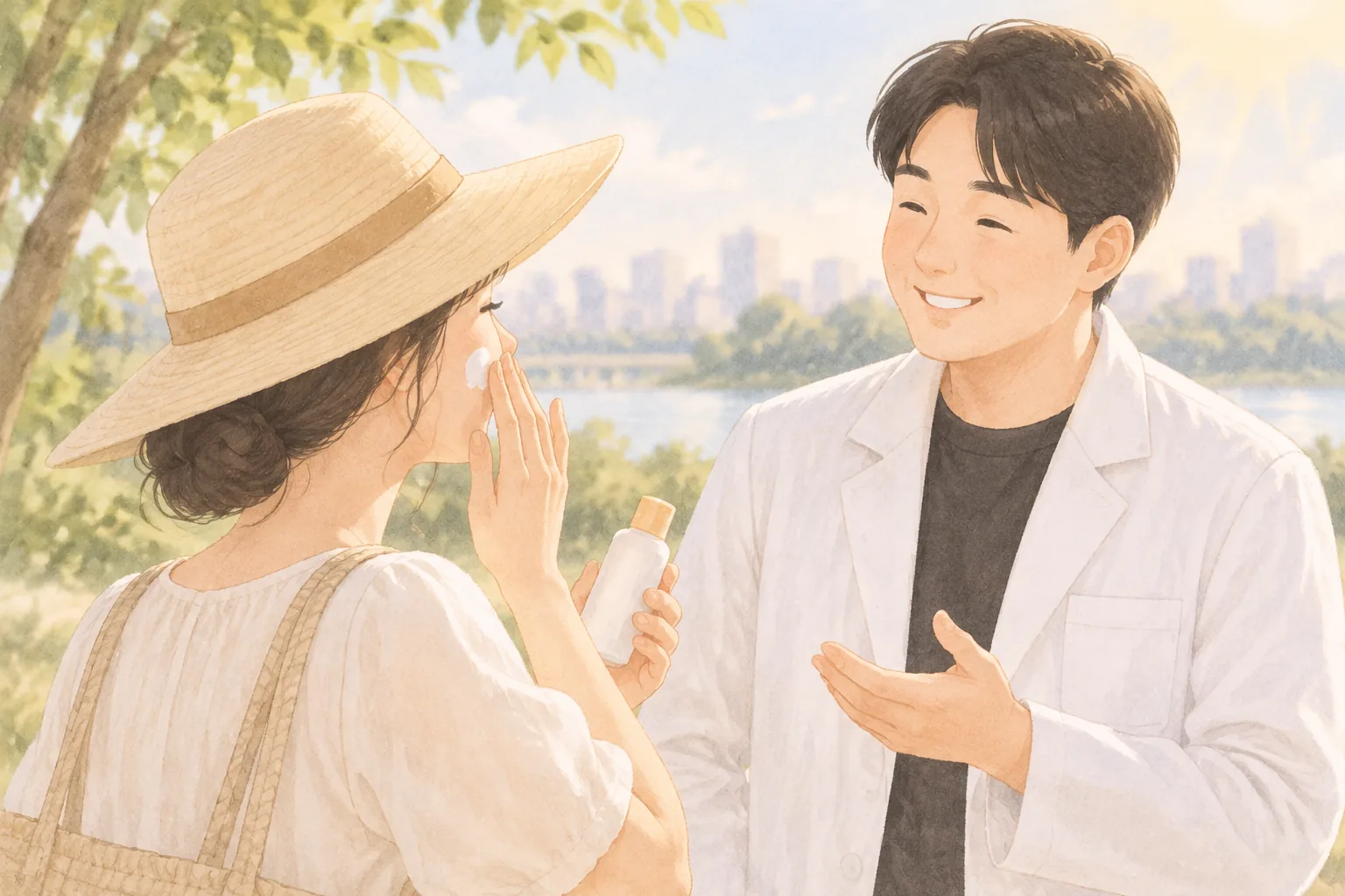 Female patient in a wide-brimmed hat applying sunscreen while talking with a male clinician