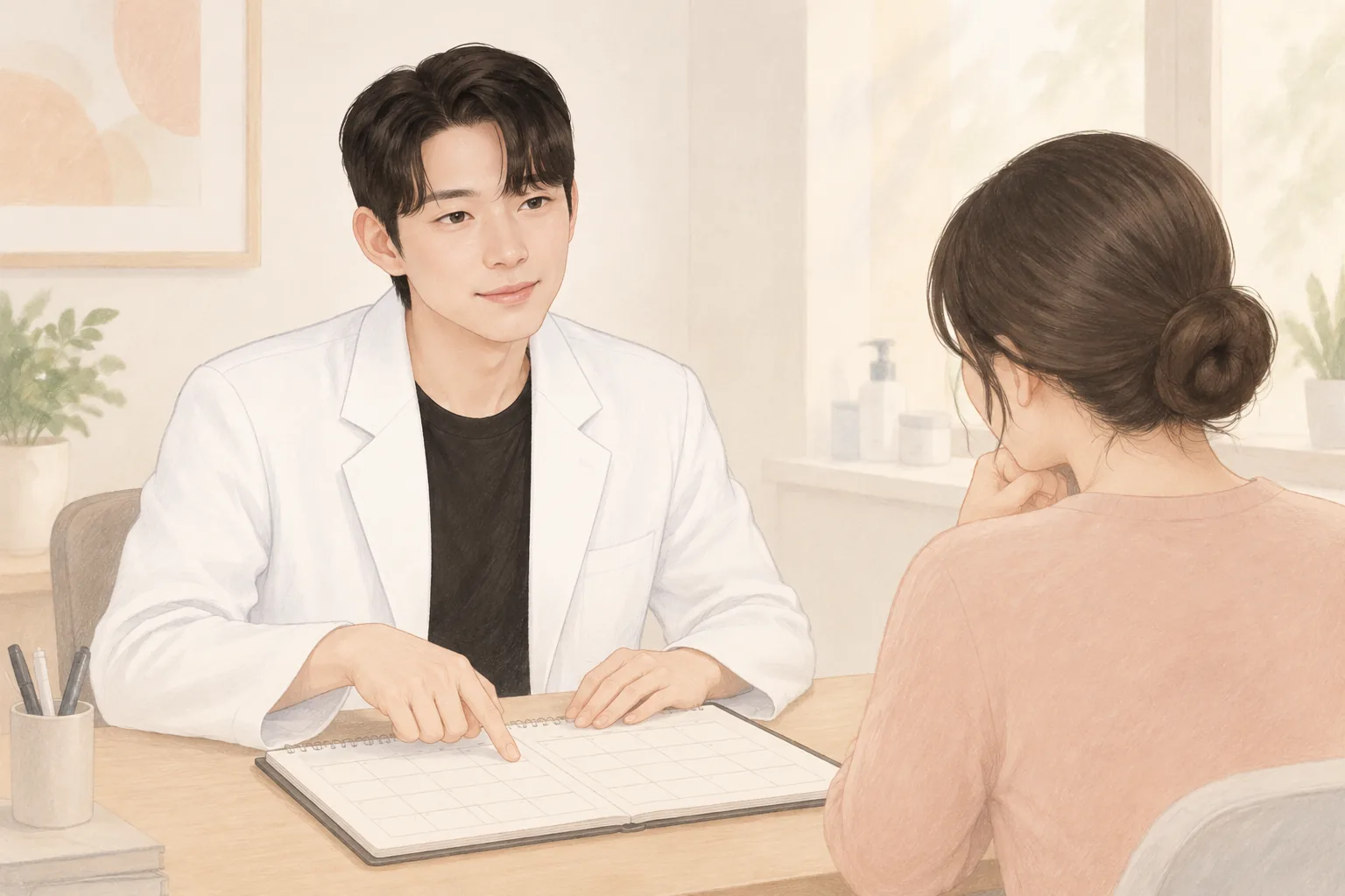 hombre con bata señalando un calendario de varios meses durante la consulta