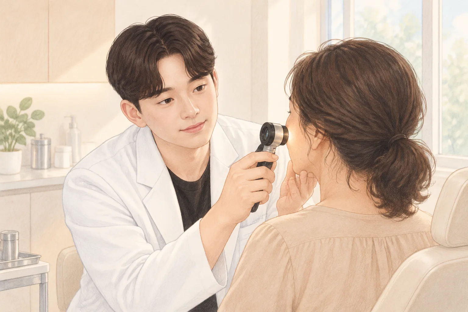 医師が皮膚鏡で患者の頬を診ている