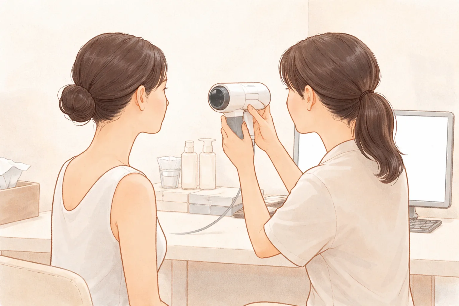피부 분석 카메라를 조절하는 의료진과 앞에 앉은 여성 환자