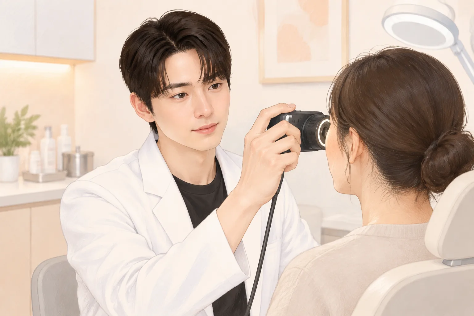 Dokter memegang kamera kecil ke arah wajah pasien