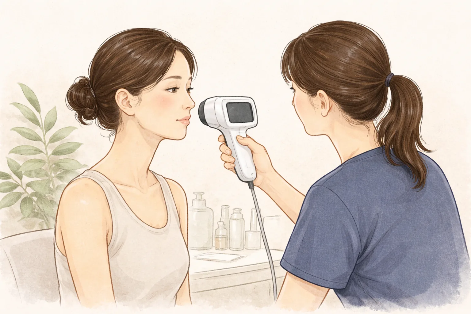 Clinician photographing a woman's cheek with a skin analysis camera