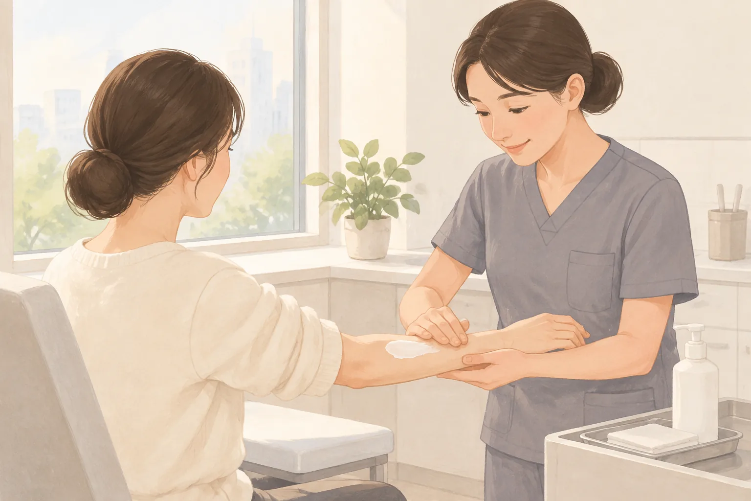 창가에서 환자의 팔에 크림을 바르는 간호사와 앉아 있는 환자