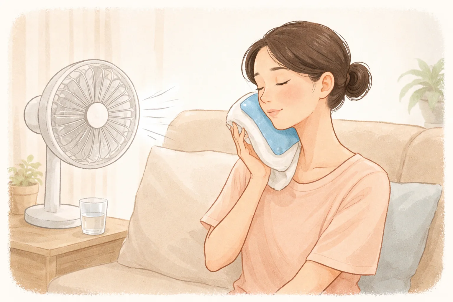 소파에 앉아 젤 팩을 볼에 대고 쉬는 여성과 선풍기와 유리잔이 있는 탁자