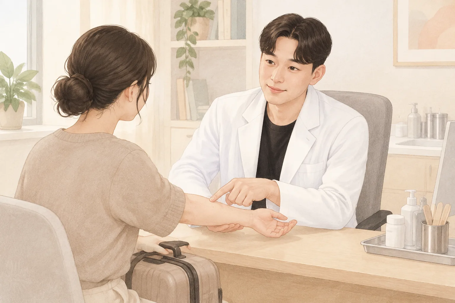 의사와 환자가 책상 앞에서 팔을 보이며 상담하는 모습
