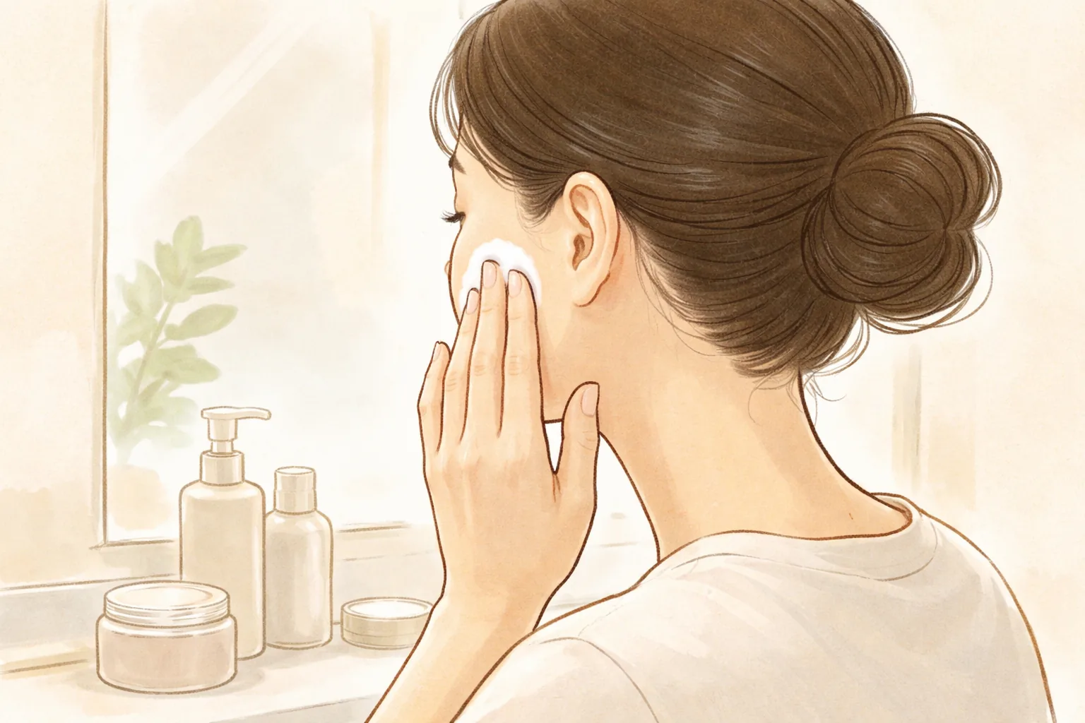 鏡の前で手で頬に保湿剤を塗る女性の後ろ姿