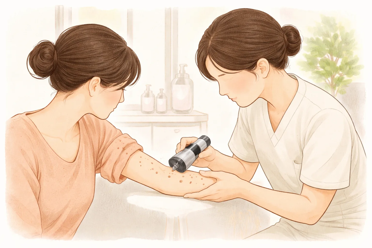 Personal médico revisando con lupa varios lunares en el brazo de una mujer