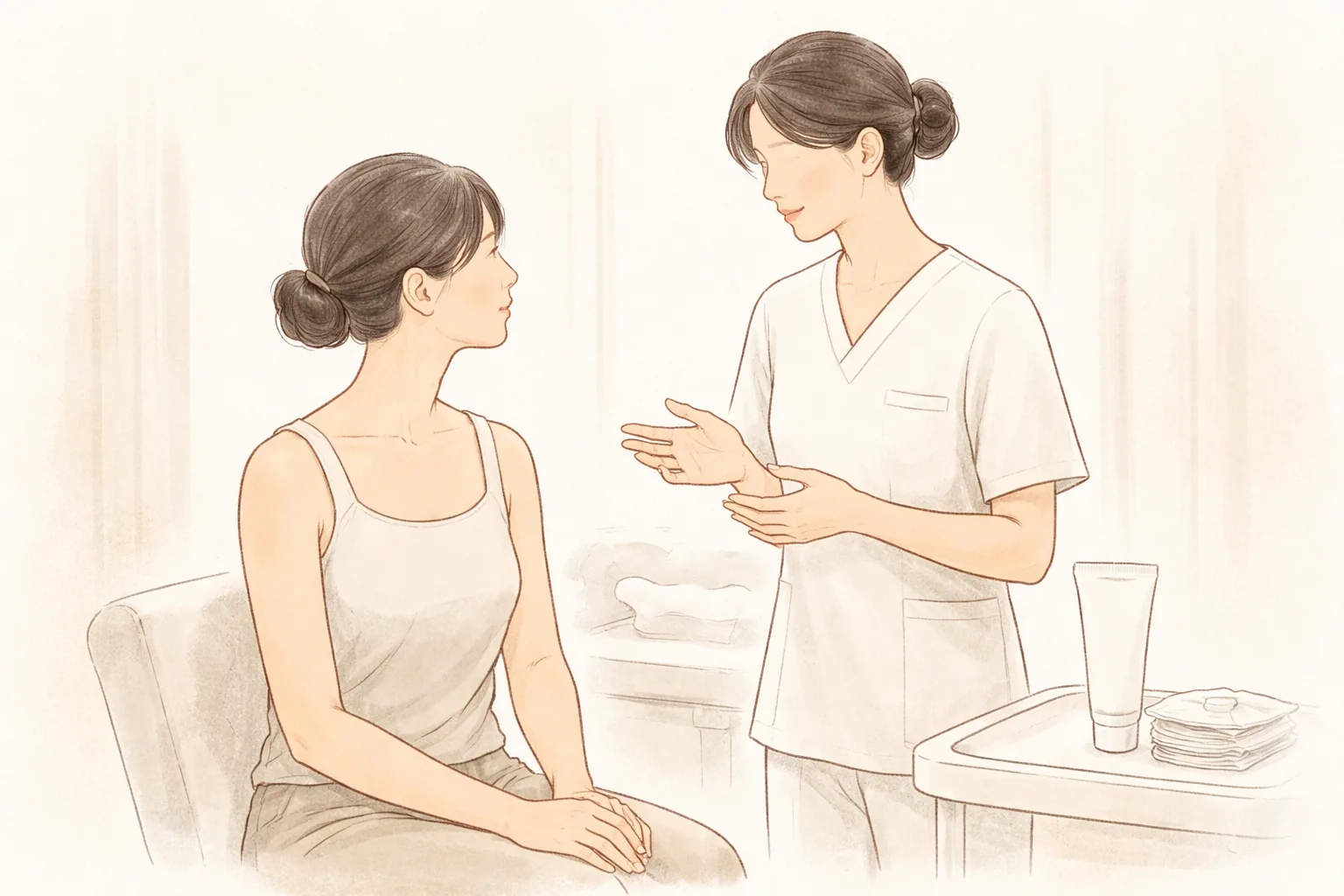A clinician giving aftercare guidance while a female patient listens