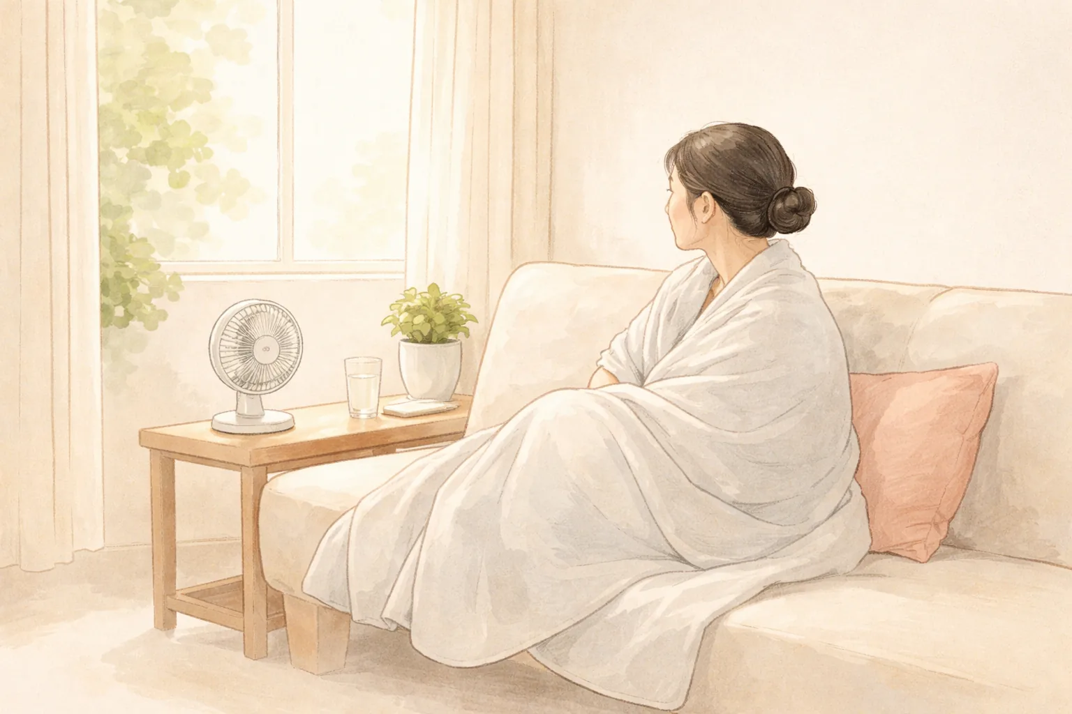 女性裹毯坐在沙发上望向窗外,桌上有小加湿器和植物