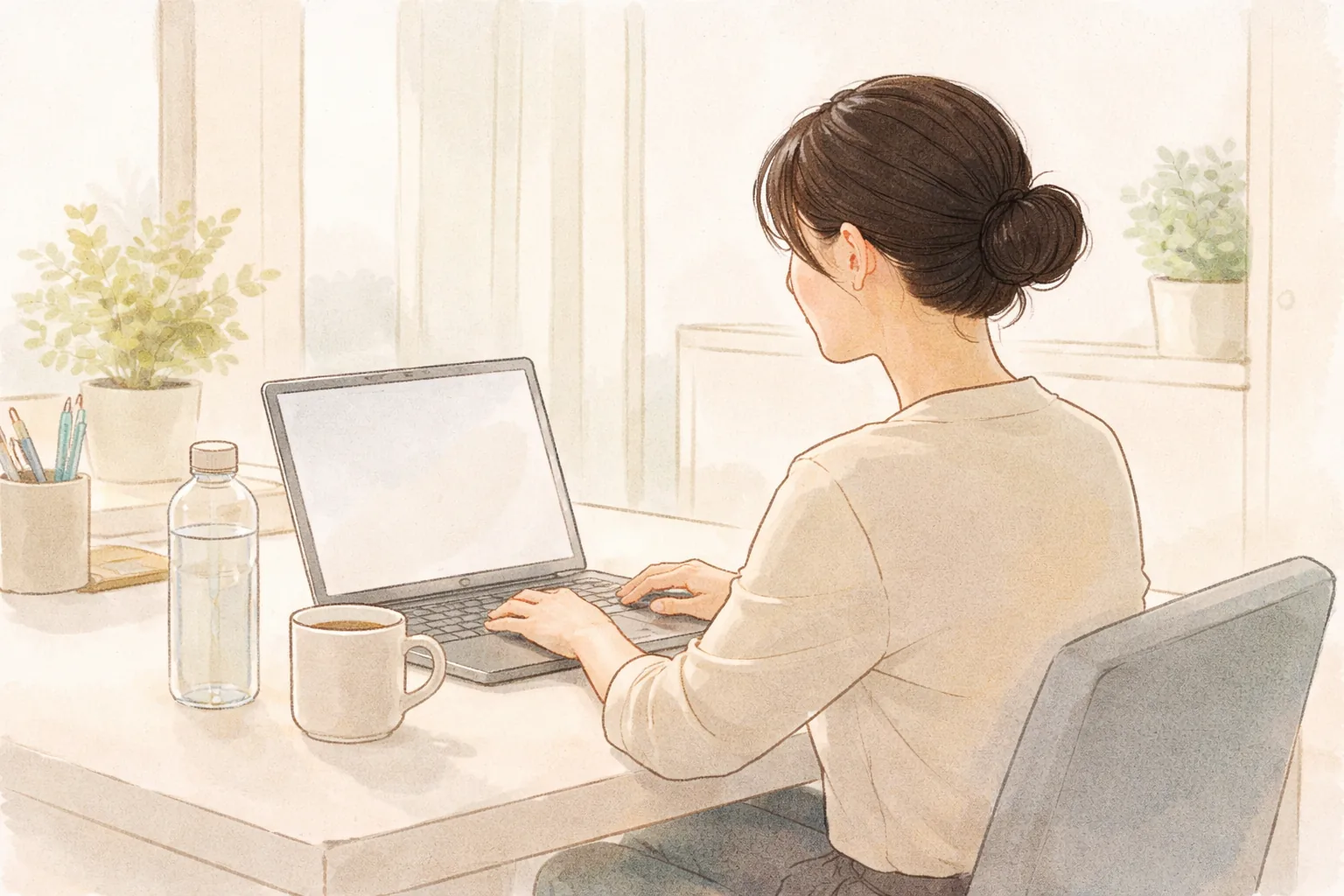 Woman using a laptop at an office desk with a cup and water bottle nearby
