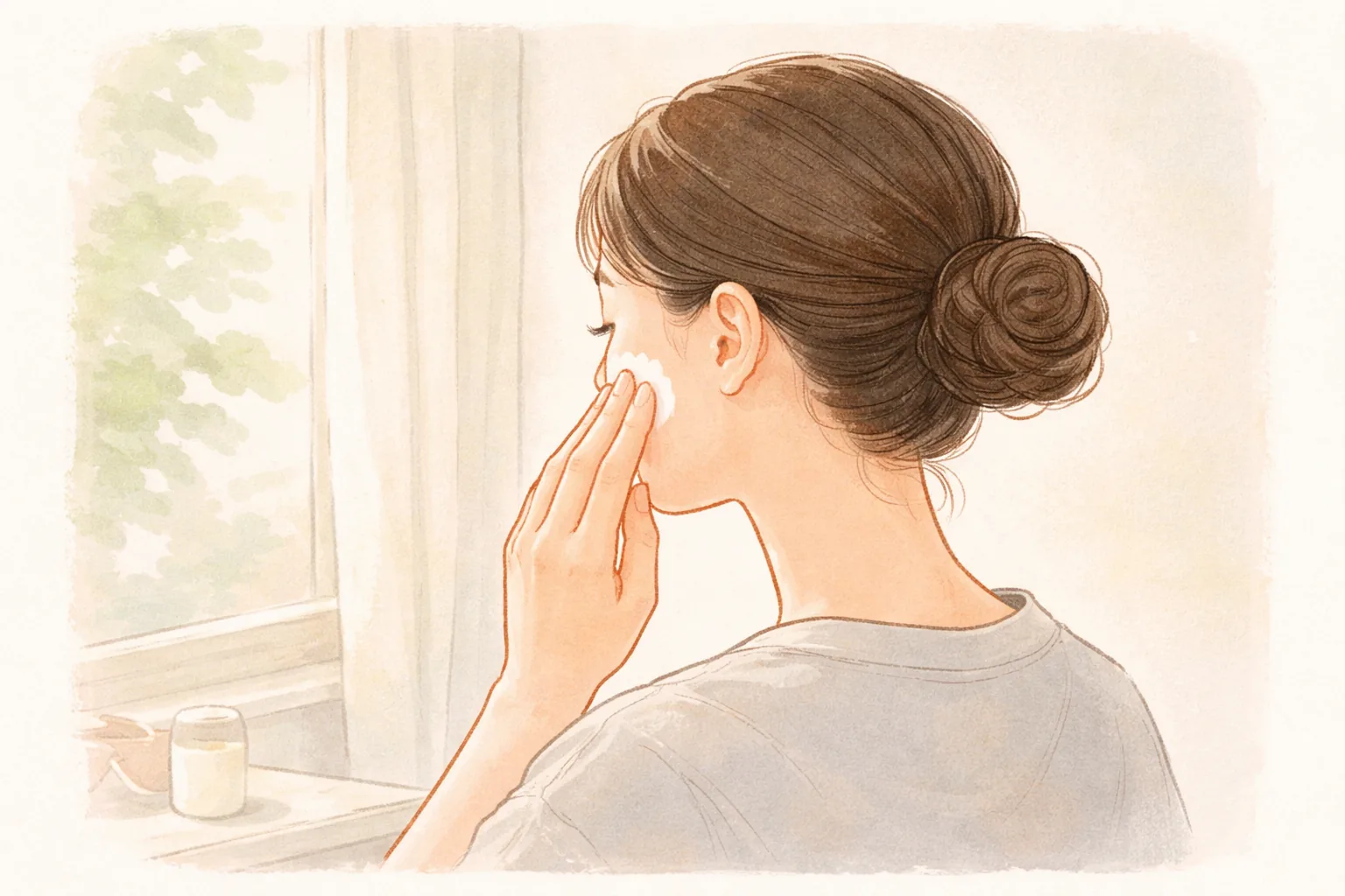 Woman with short hair applying skincare to her cheek by a window, cosmetic container nearby