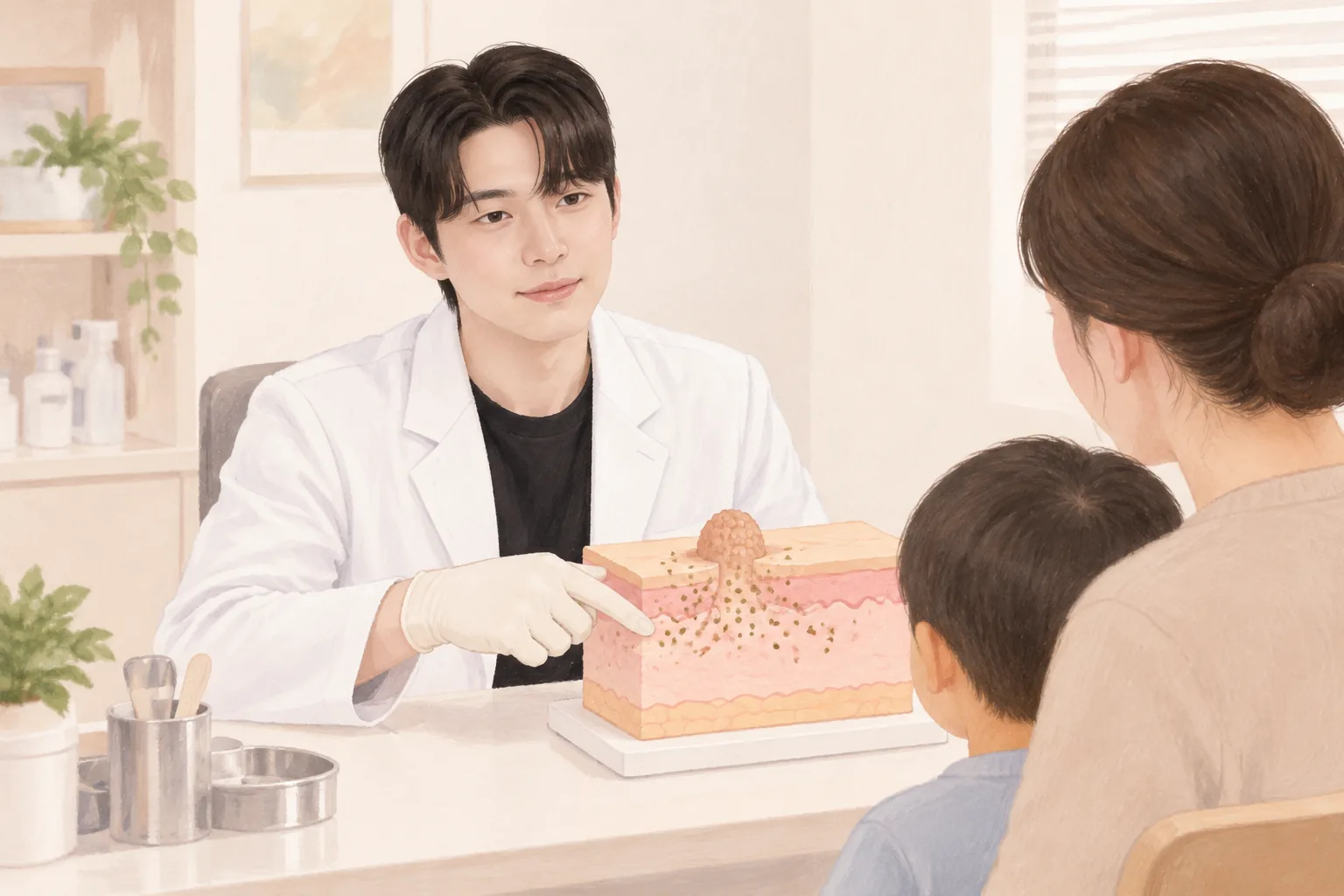 A doctor points out warts and moles on a skin cross-section model while explaining to a child and guardian