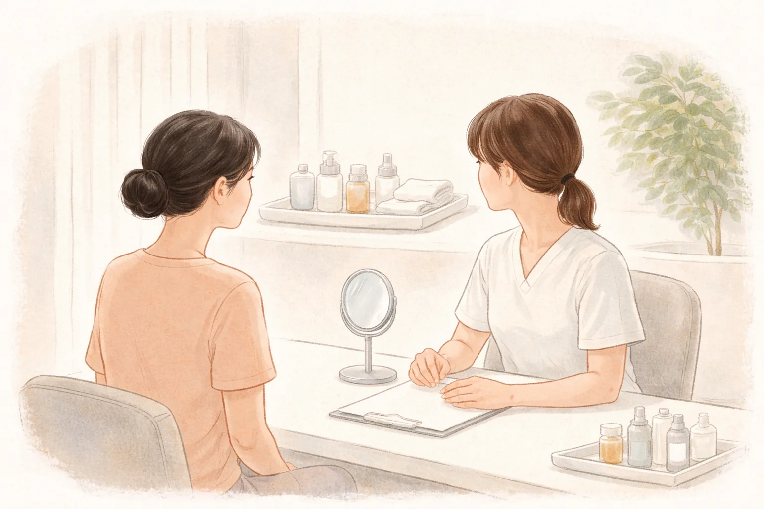 Two women sitting across a desk talking in a consultation room