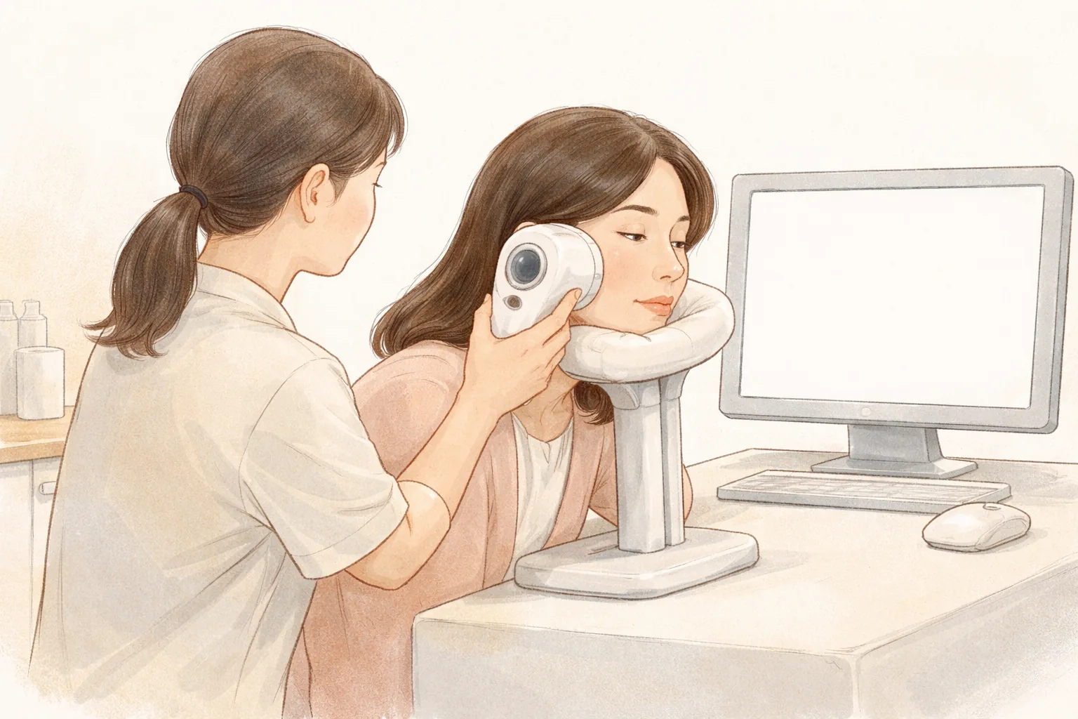 醫療人員用皮膚分析儀器拍攝女性臉頰