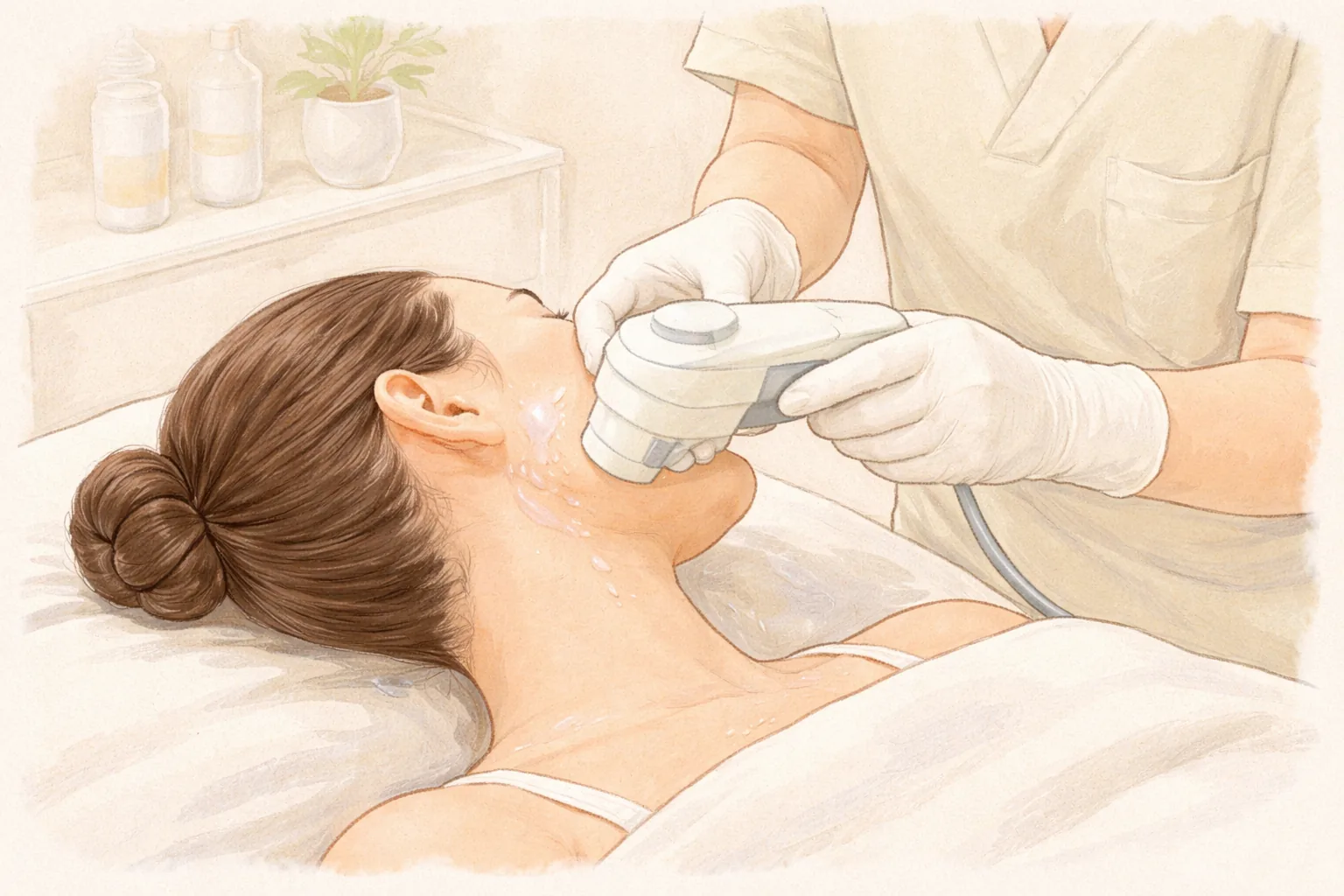 A clinician in gloves applying an ultrasound device to the jawline of a woman lying down