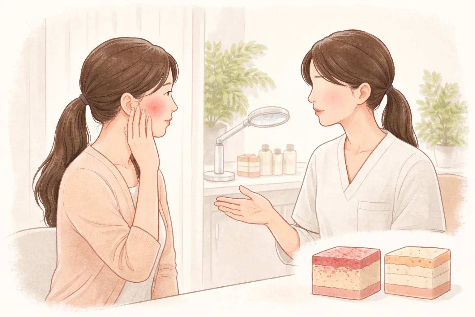 한쪽 볼이 붉어진 여성과 설명하는 의료진이 상담실에서 대화하는 모습