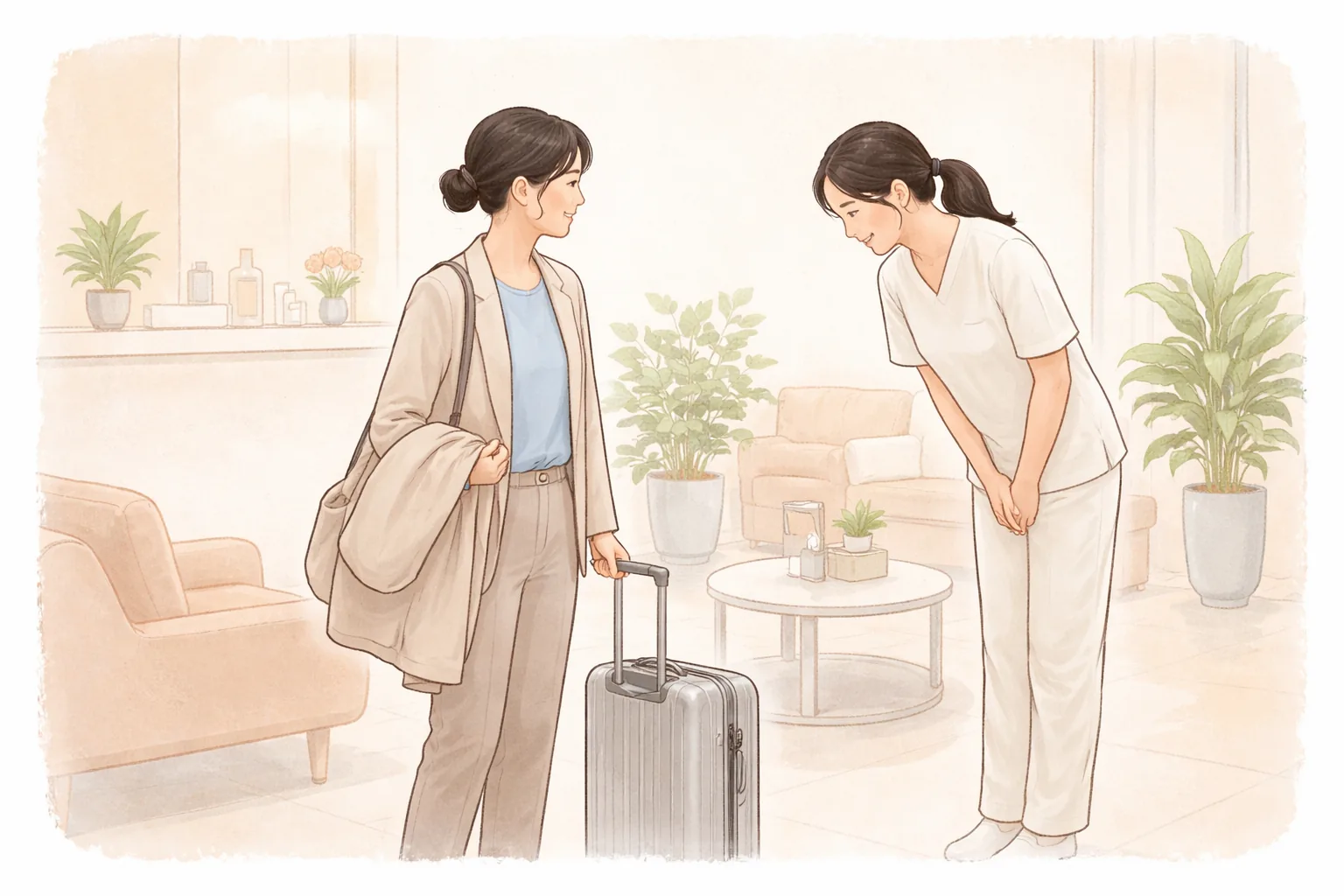 手拉行李箱的女性和穿白衣的医护人员互相问候