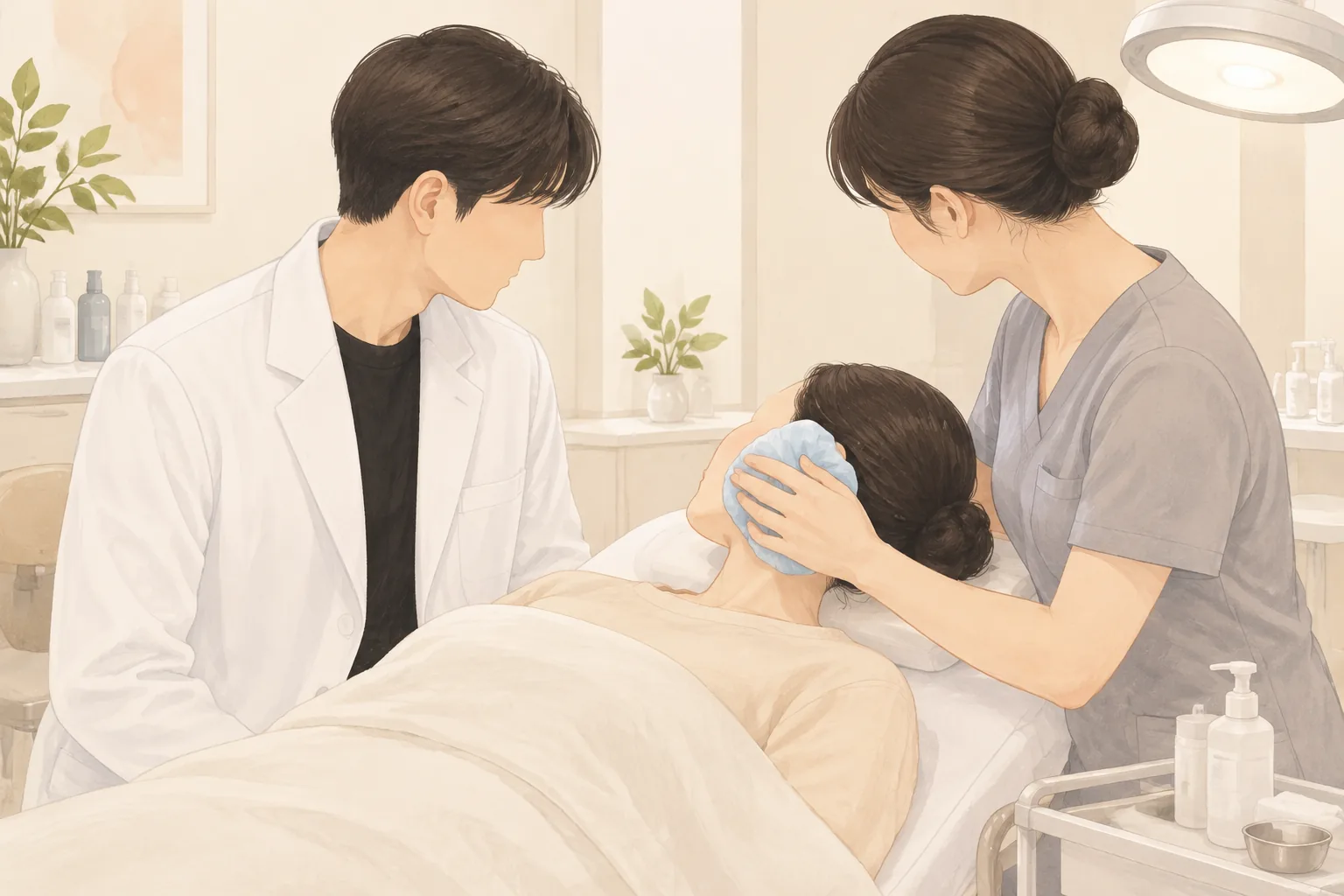 침대에 누운 환자 볼에 천으로 감싼 냉찜질을 하는 간호사와 지켜보는 의사