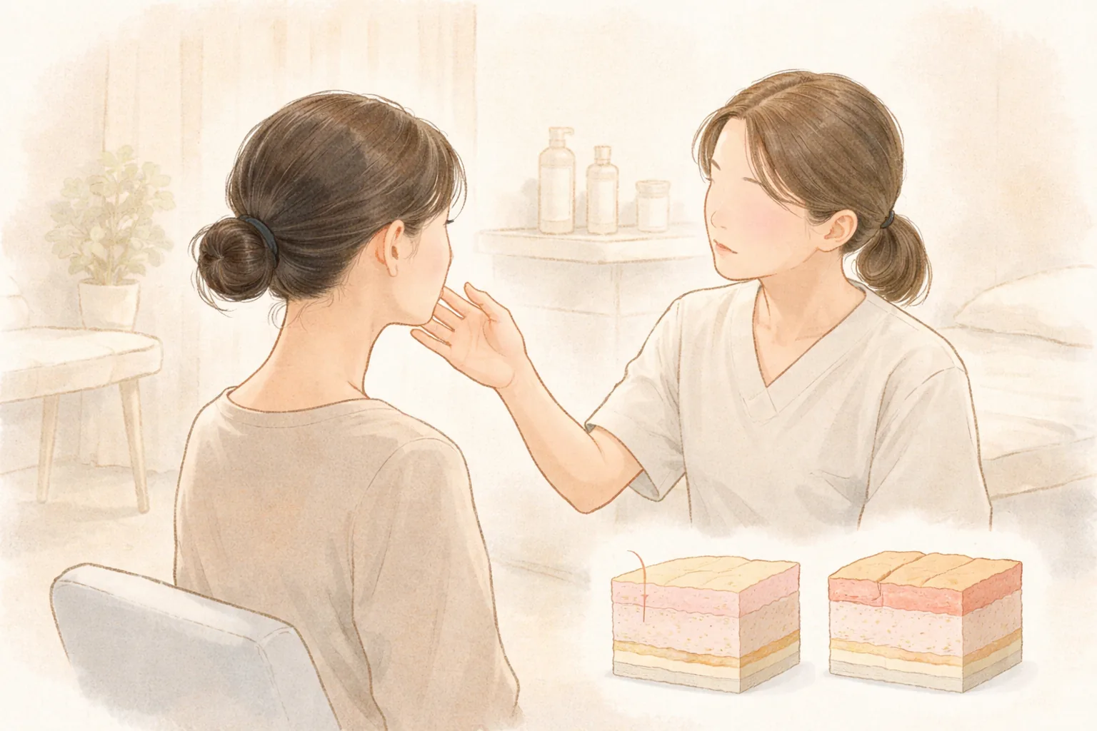 상담실에서 의료진과 마주 앉아 대화하는 여성과 의료진 모습