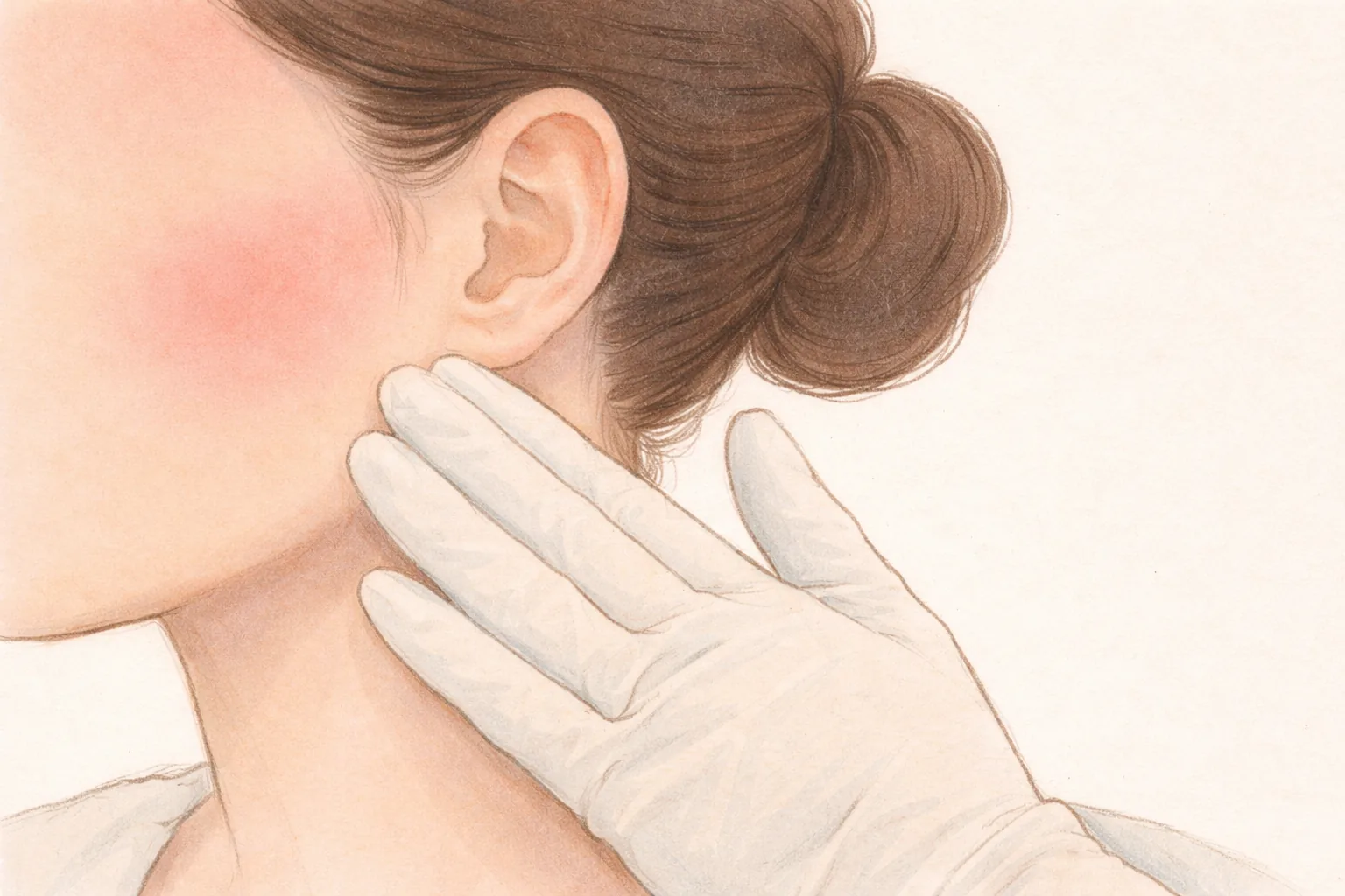 手袋をした手が女性の頬の近くに触れている様子