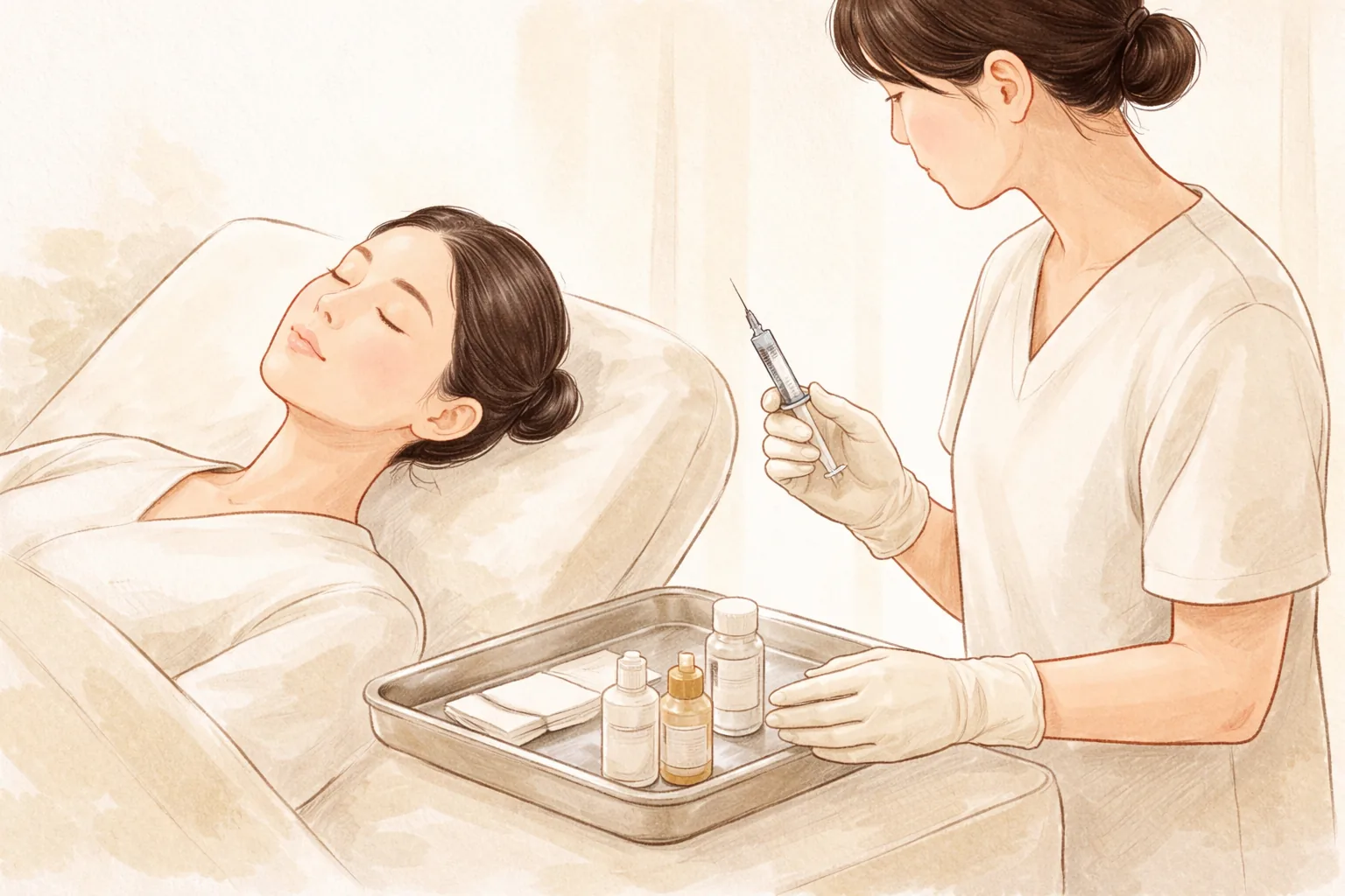 시술대에 누운 여성 환자와 주사기를 준비하는 장갑 낀 의료인