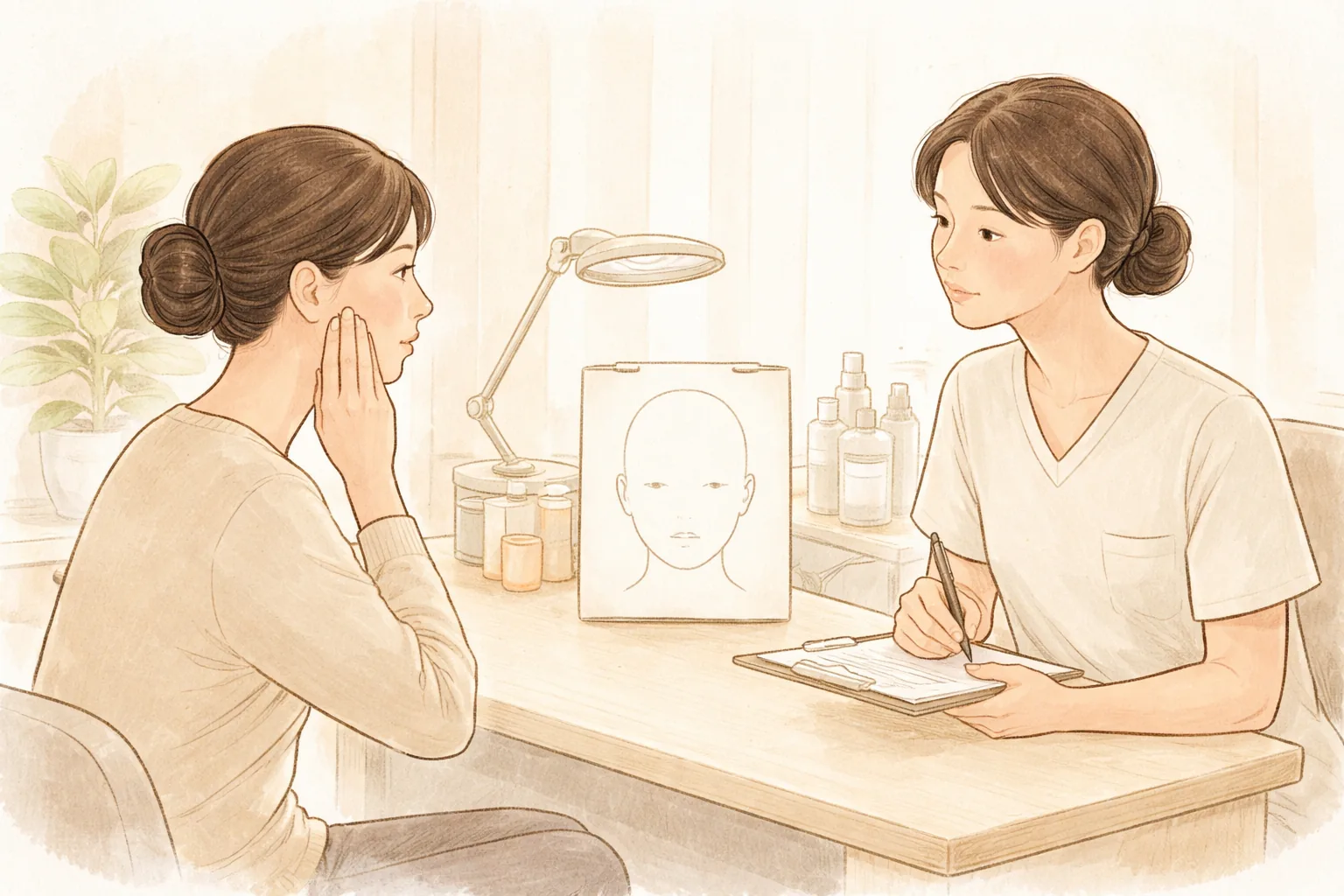 Woman pointing to her cheek during a consultation while a clinician listens and takes notes