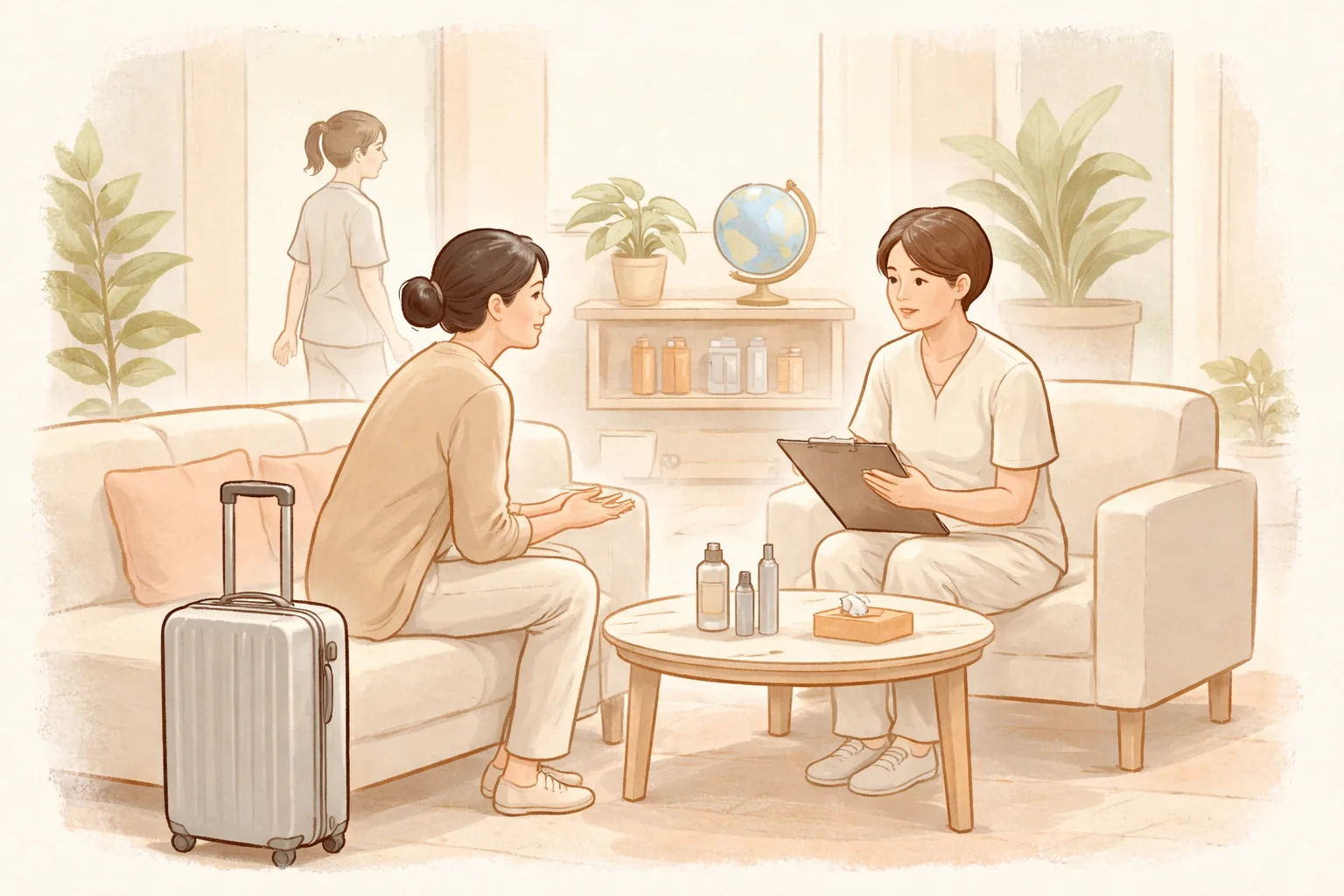 캐리어 옆에 둔 여성과 의료진이 소파에 앉아 상담하는 모습