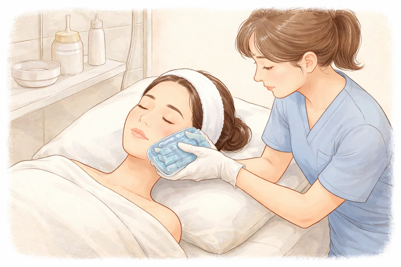 Tenaga medis menempelkan gel pack dingin ke pipi wanita yang berbaring dengan mata tertutup