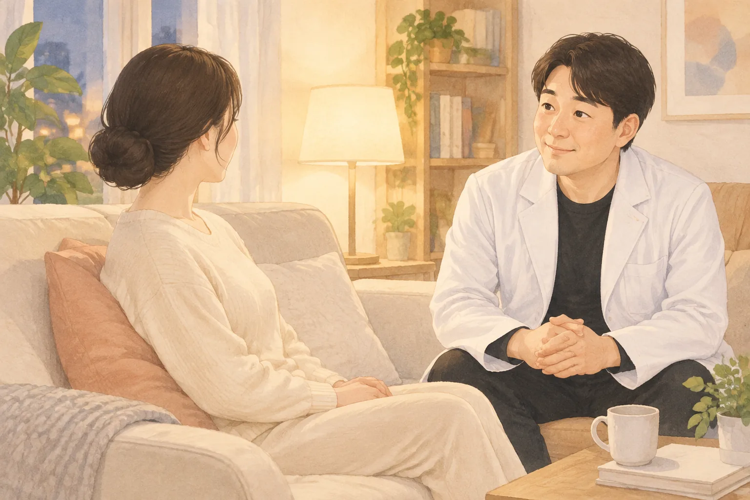 坐在沙發上相對交談的男女
