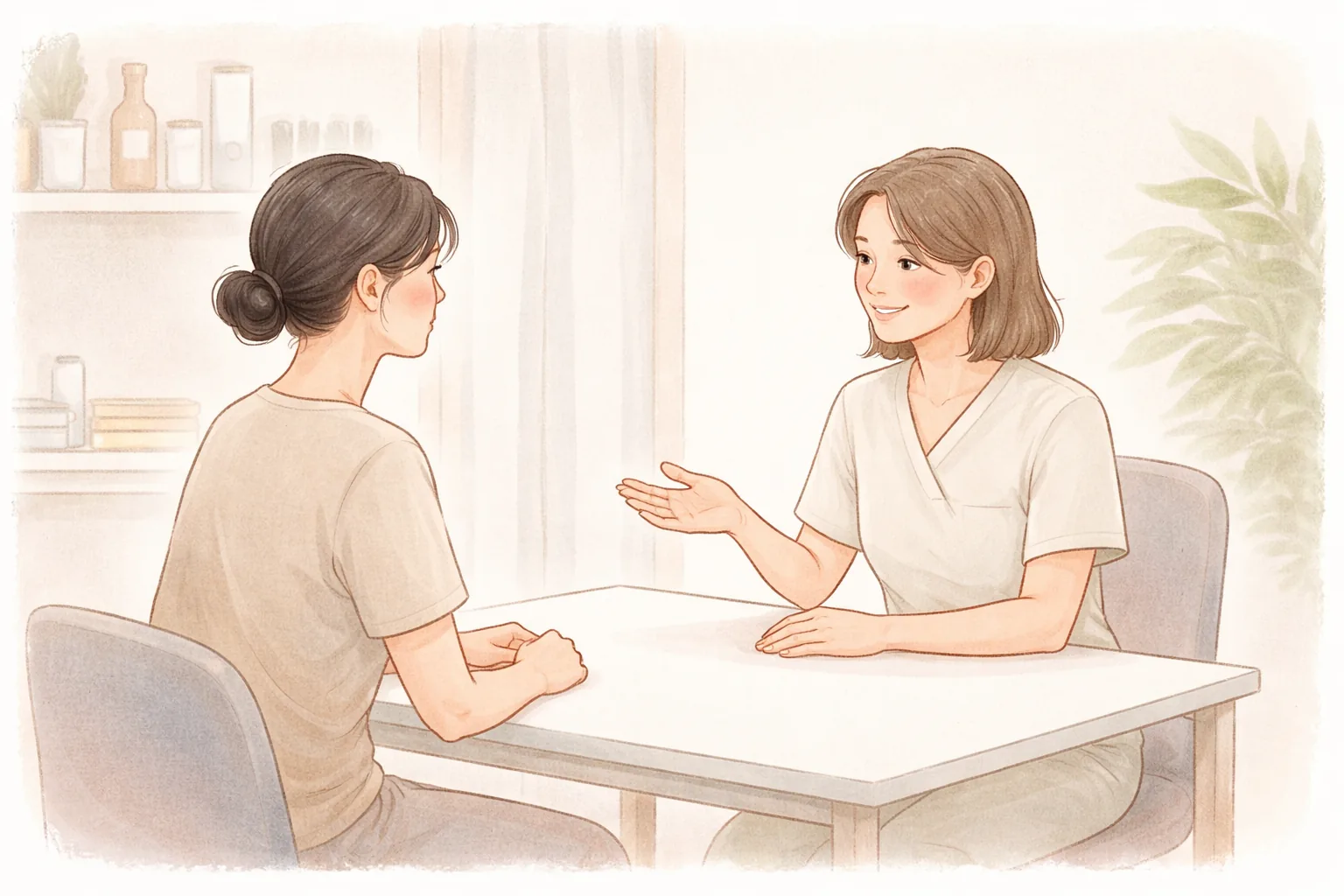 작은 테이블을 두고 서로 마주 앉아 대화하는 두 여성