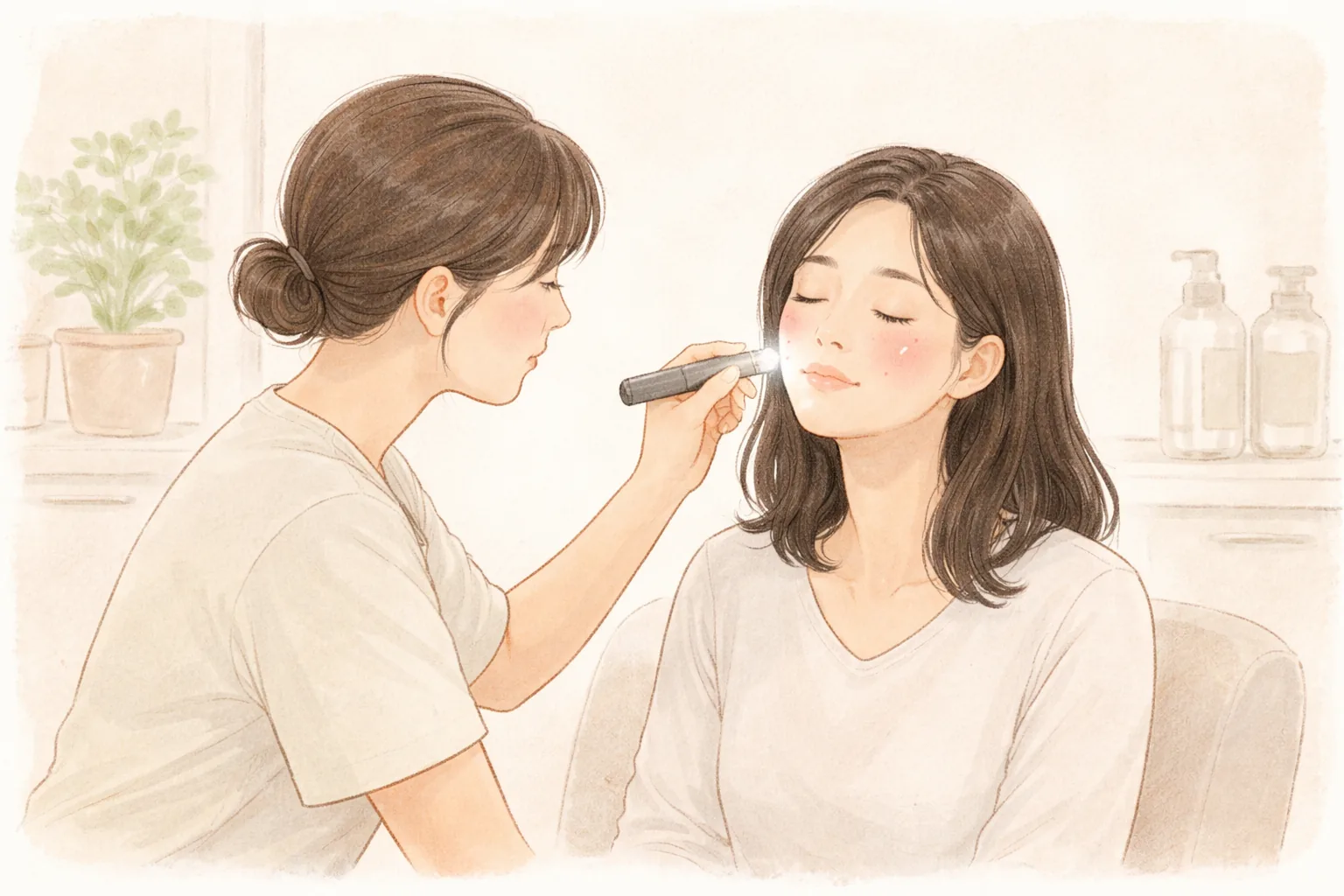 一名醫療人員拿著小燈檢視女性臉頰