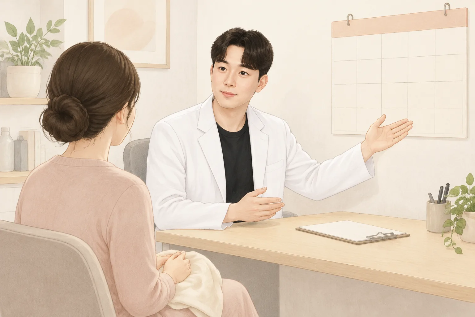 진료실에서 환자와 일정을 상의하는 남성 의료진과 여성 환자