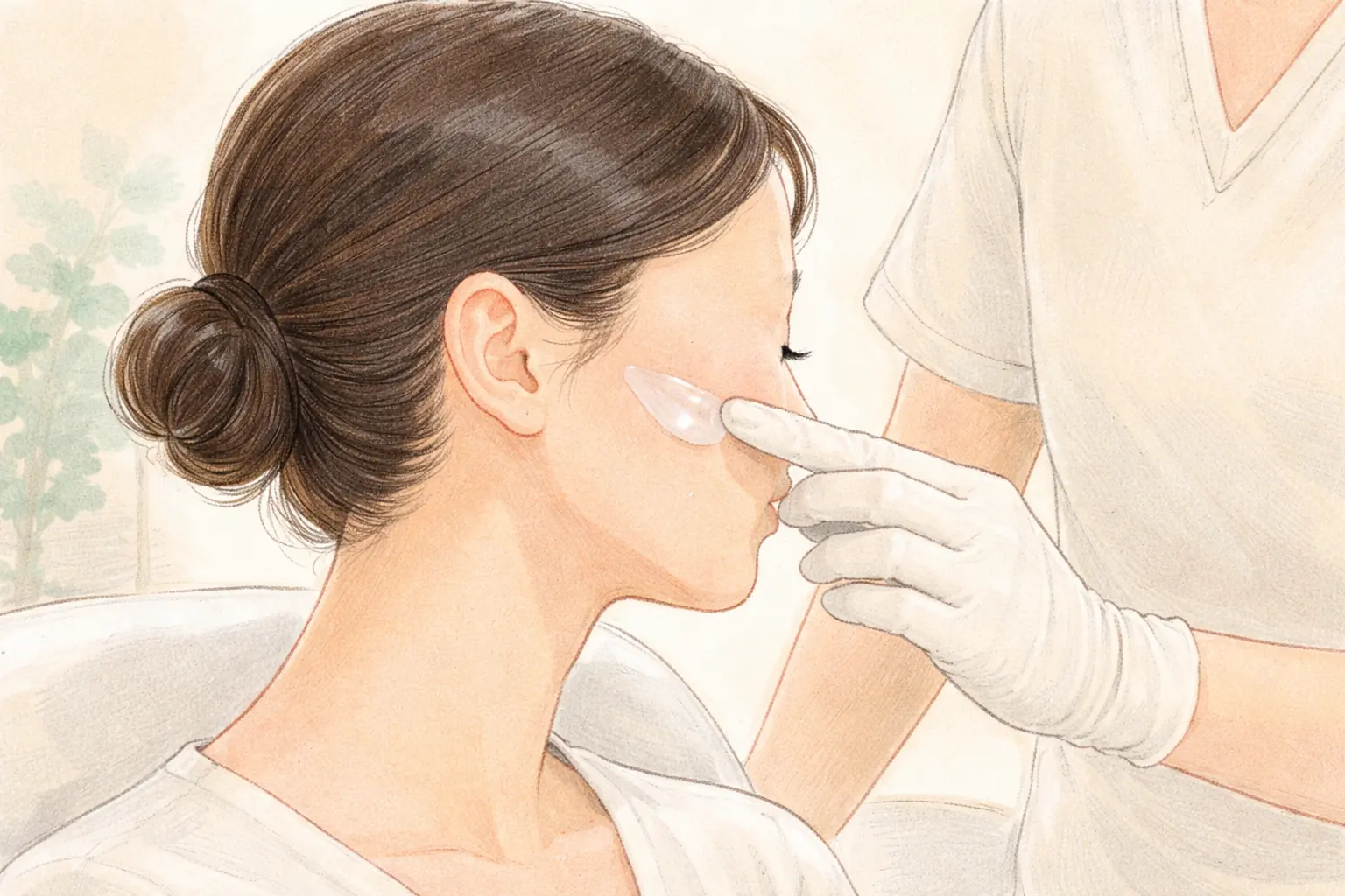 耳の後ろで髪をまとめた女性と白い手袋をした医療者が女性の頬にジェルを塗る様子