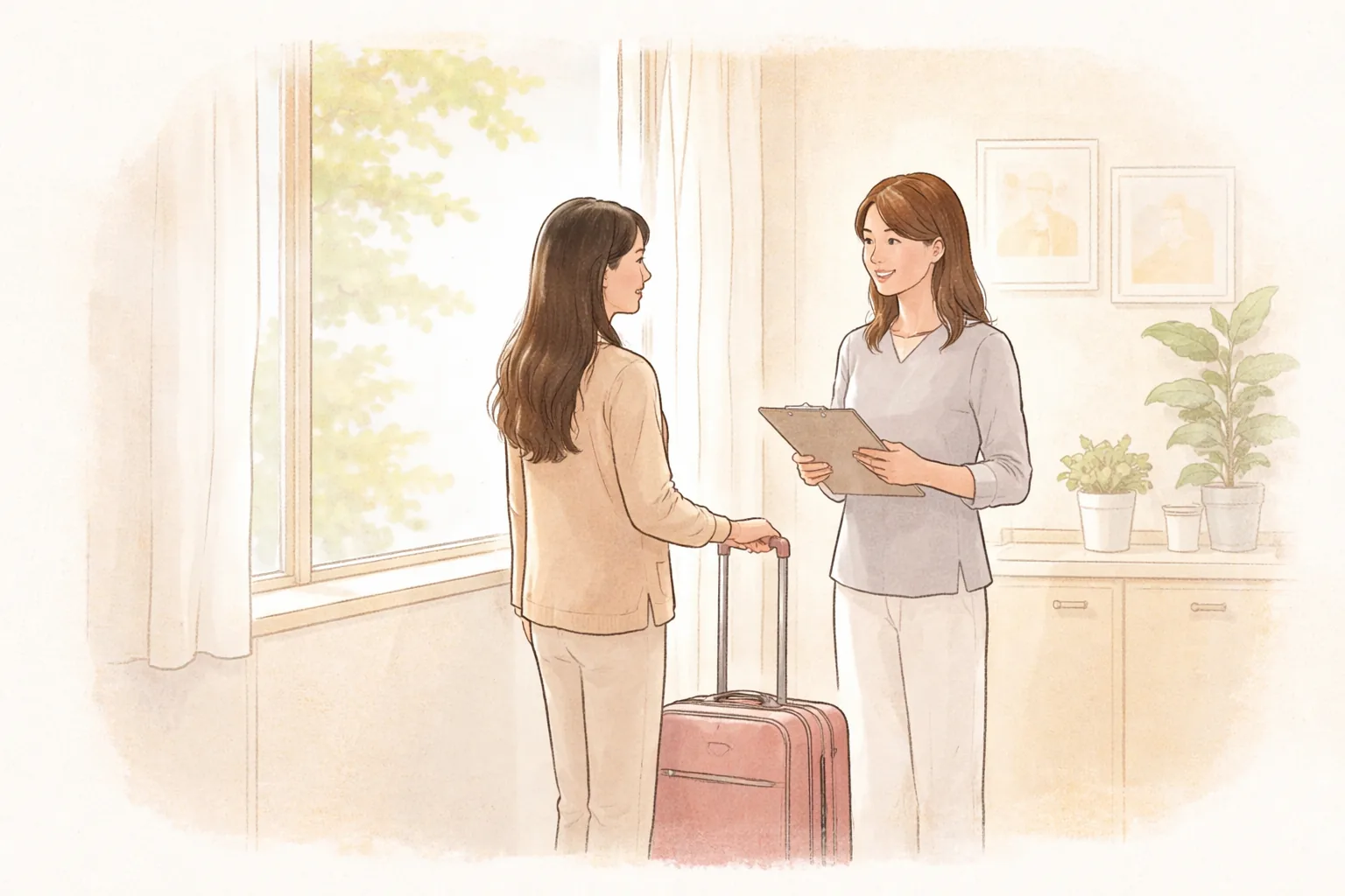 Two women standing and talking next to a carry-on suitcase