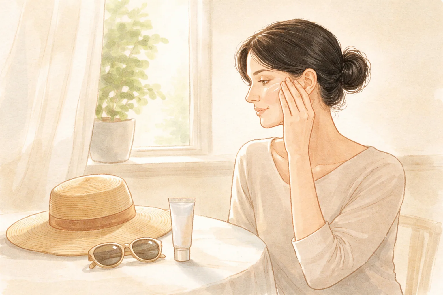 창가에 앉아 오른손으로 왼쪽 볼에 무언가 바르는 여성과 테이블 위 모자, 선글라스, 튜브