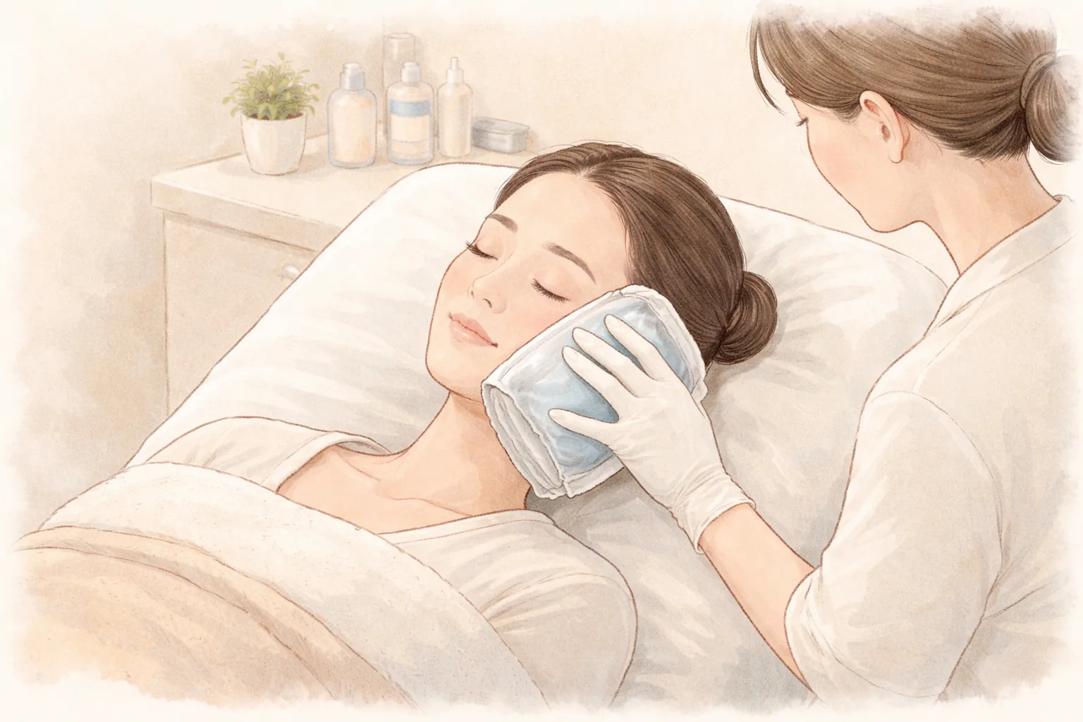 Clinician placing a cloth-wrapped cold pack on the cheek of a woman lying on a bed
