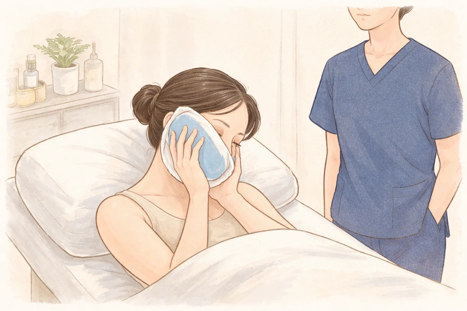 Woman lying on a bed with a cold compress on her cheek and a clinician standing beside her