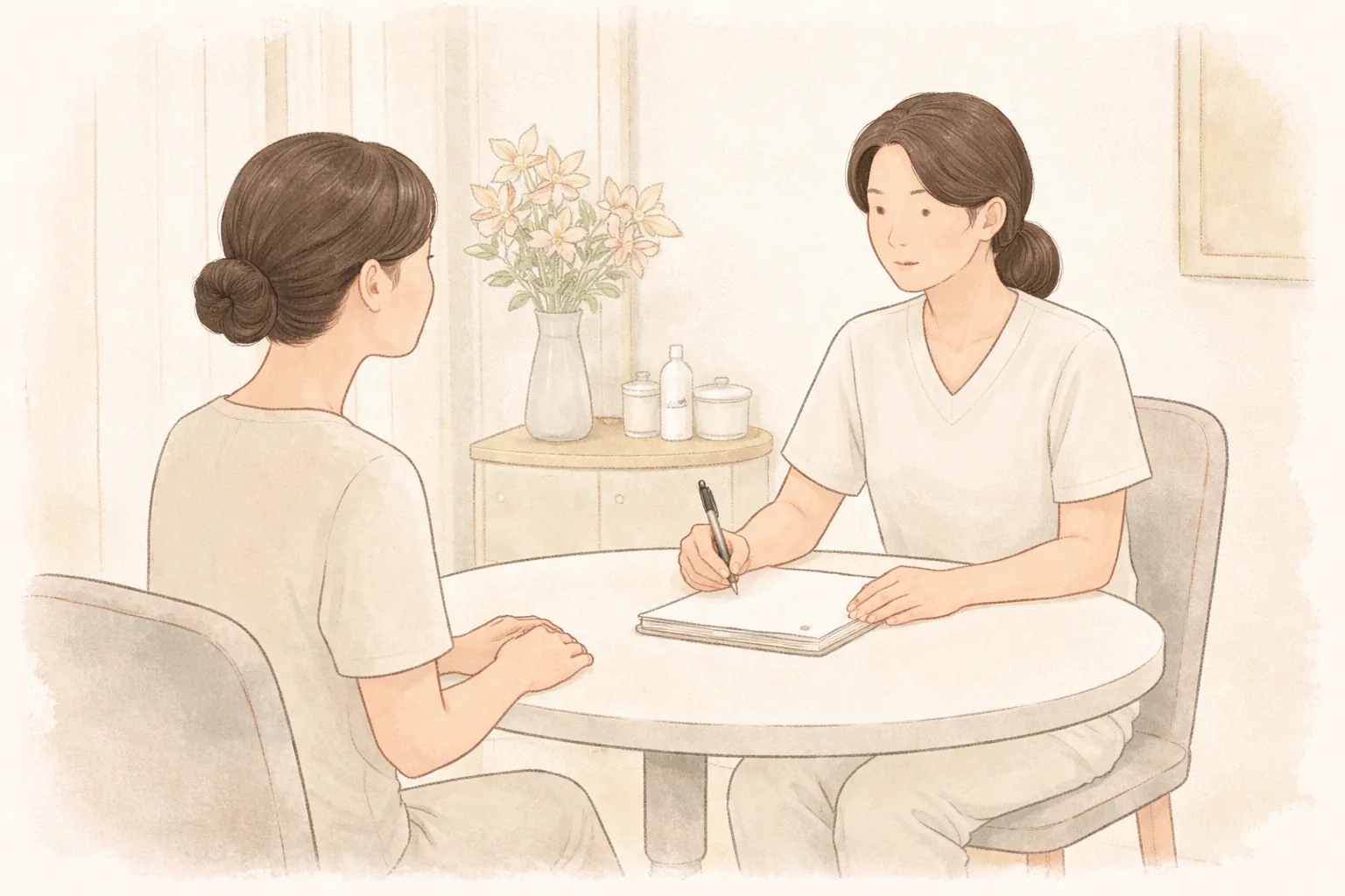 診察室で机に向かってカウンセリング中の二人の女性