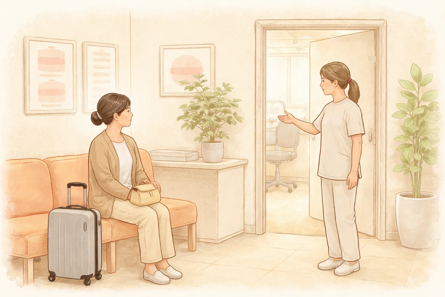 Woman sitting beside a carry-on suitcase while a clinician stands at the doorway with an outstretched arm