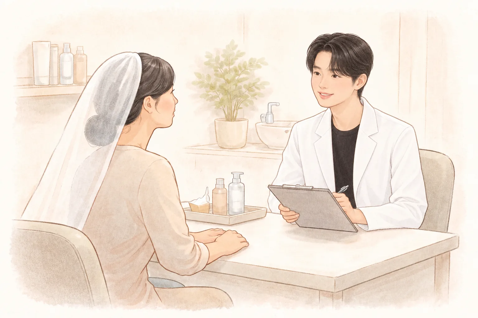 흰 베일을 쓴 여성 환자와 의료진 두 명이 책상에 마주 앉아 대화하는 모습