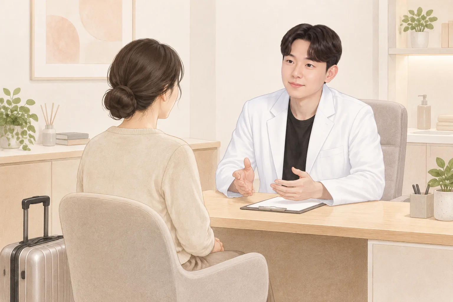 작은 캐리어 옆에서 의사와 환자가 상담하는 모습