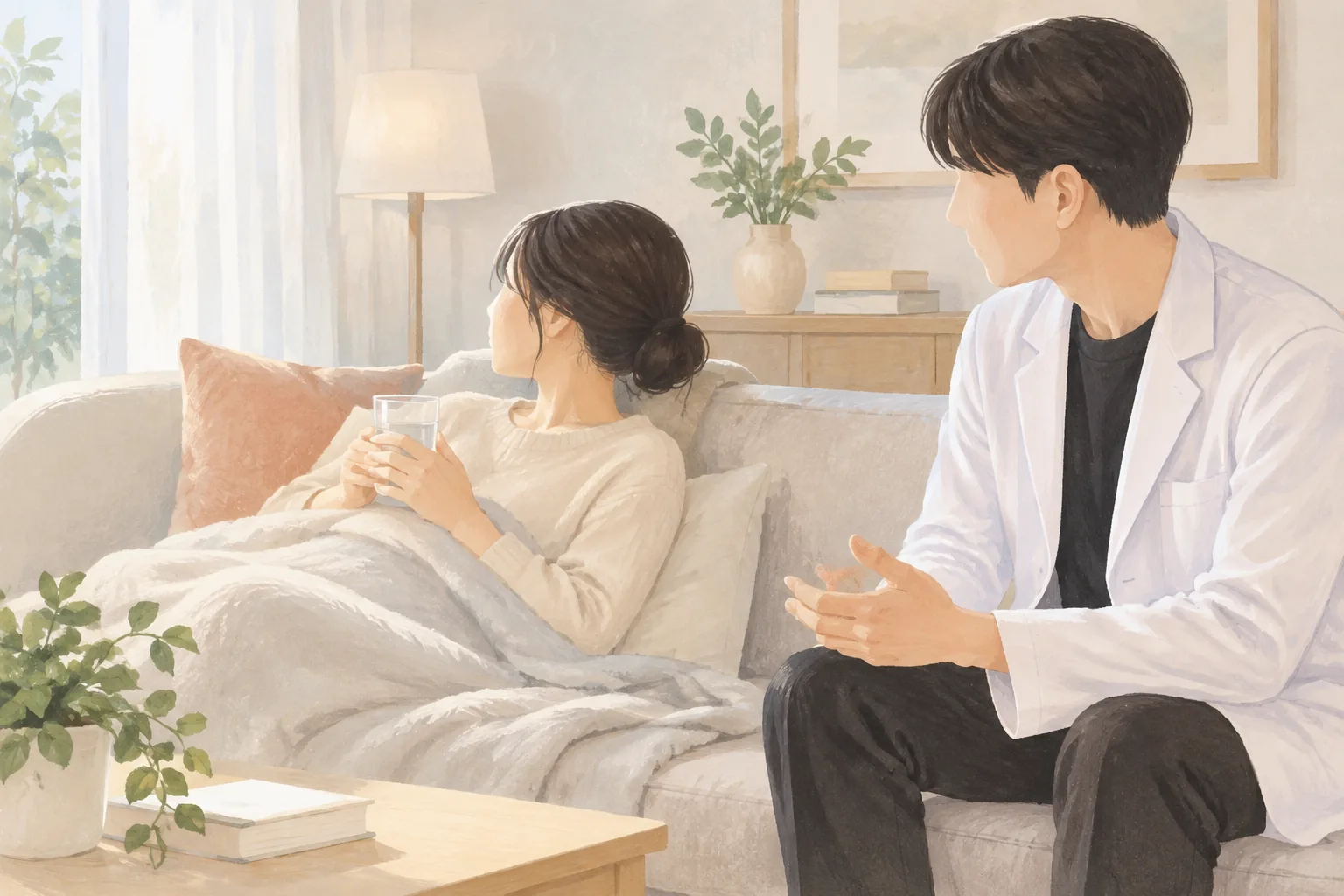 담요를 덮고 소파에 누워 있는 여성과 옆에서 앉아 있는 남성