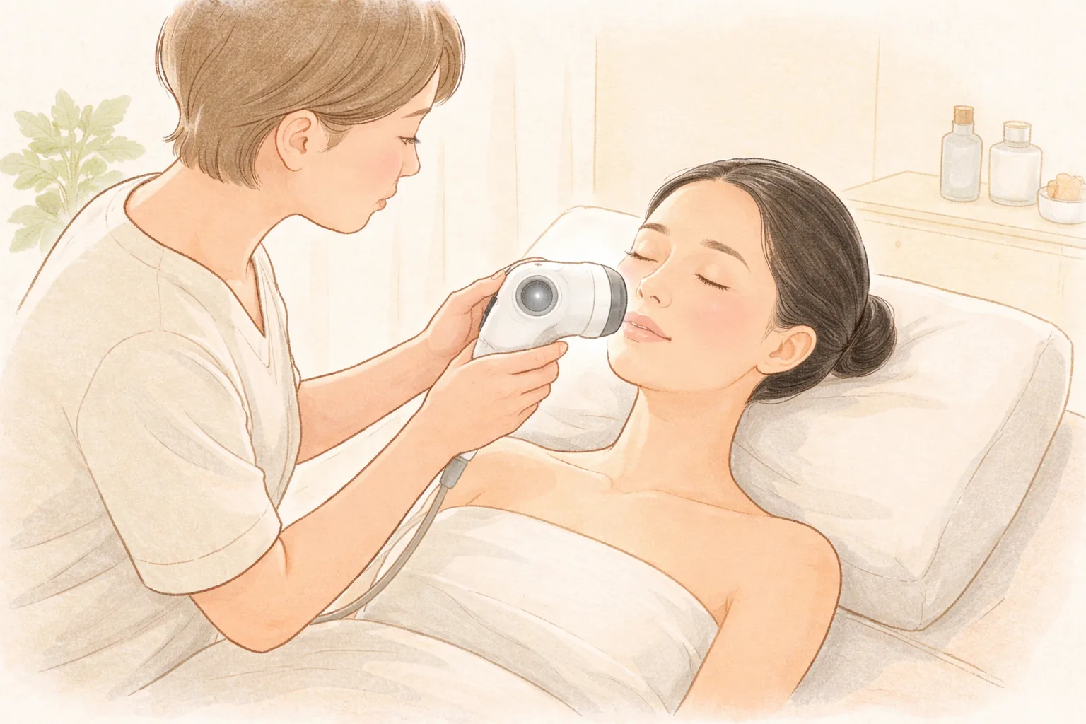 醫療人員手持皮膚分析儀貼近躺著的女性臉部