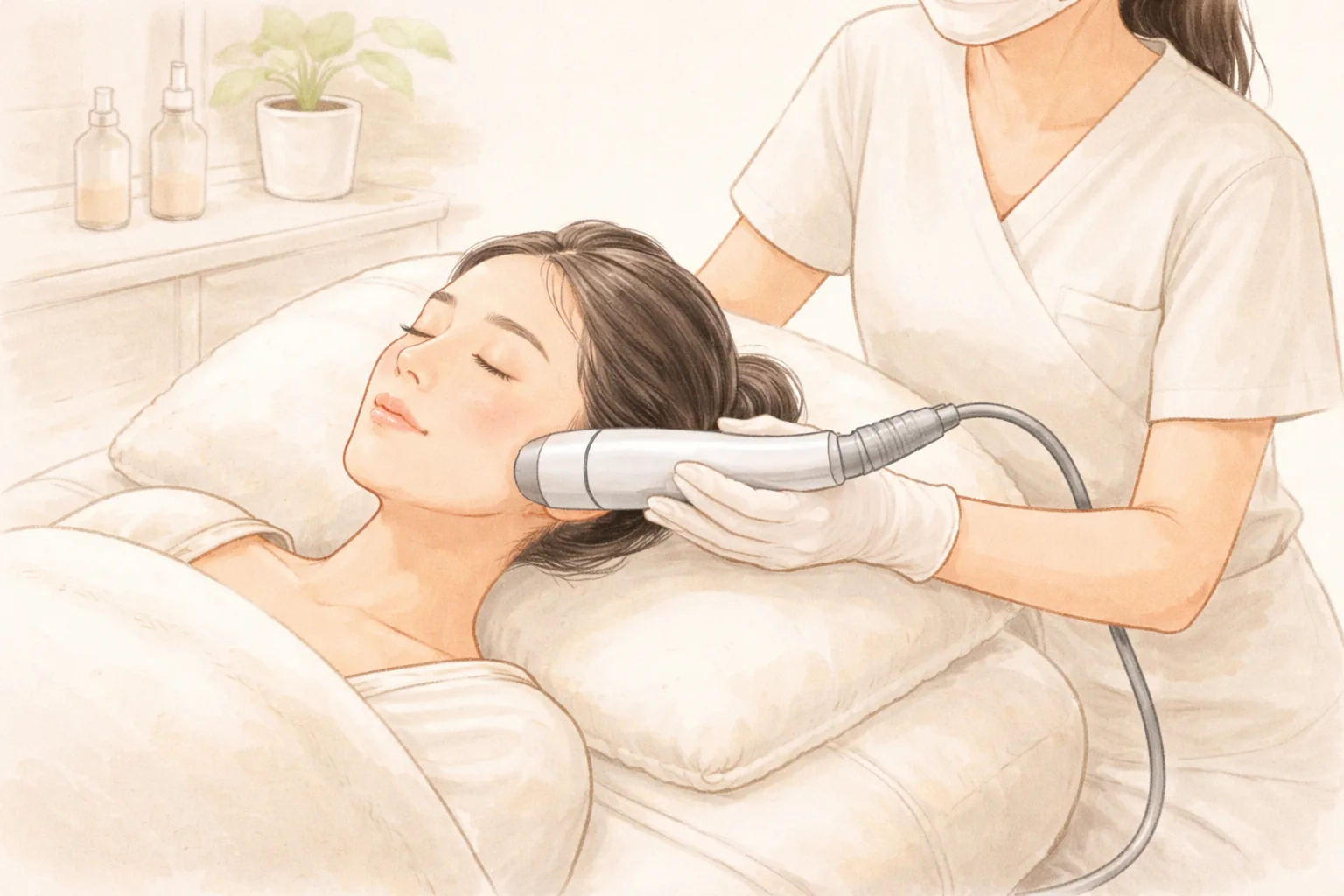 환자가 누워 있고 의료진이 장갑 낀 손으로 환자 볼에 장비를 대고 있음