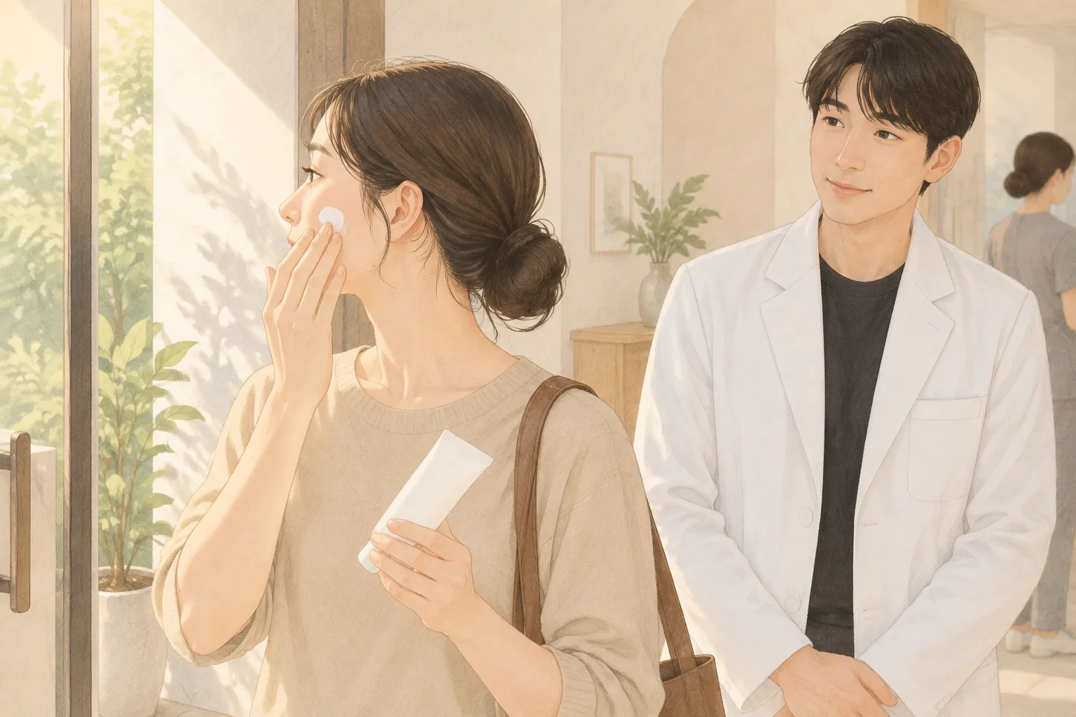 햇빛이 드는 문가에서 선크림을 볼에 바르는 여성과 흰 가운을 입은 남성