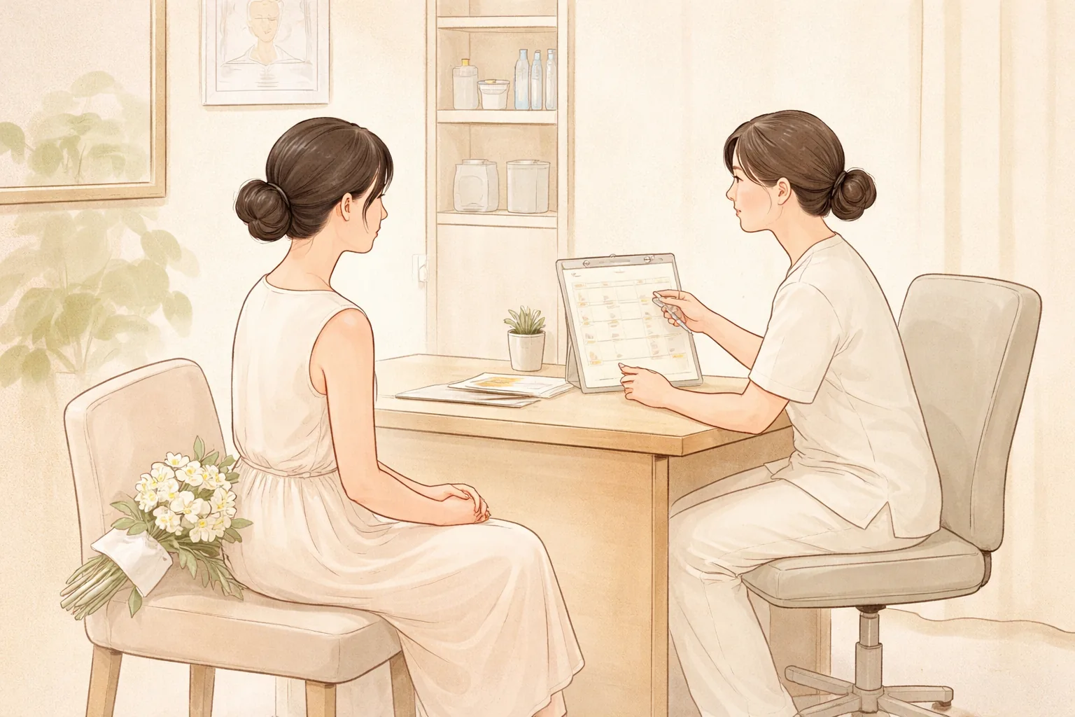 Mujer consultando con un profesional mientras un ramo de flores descansa en la silla contigua