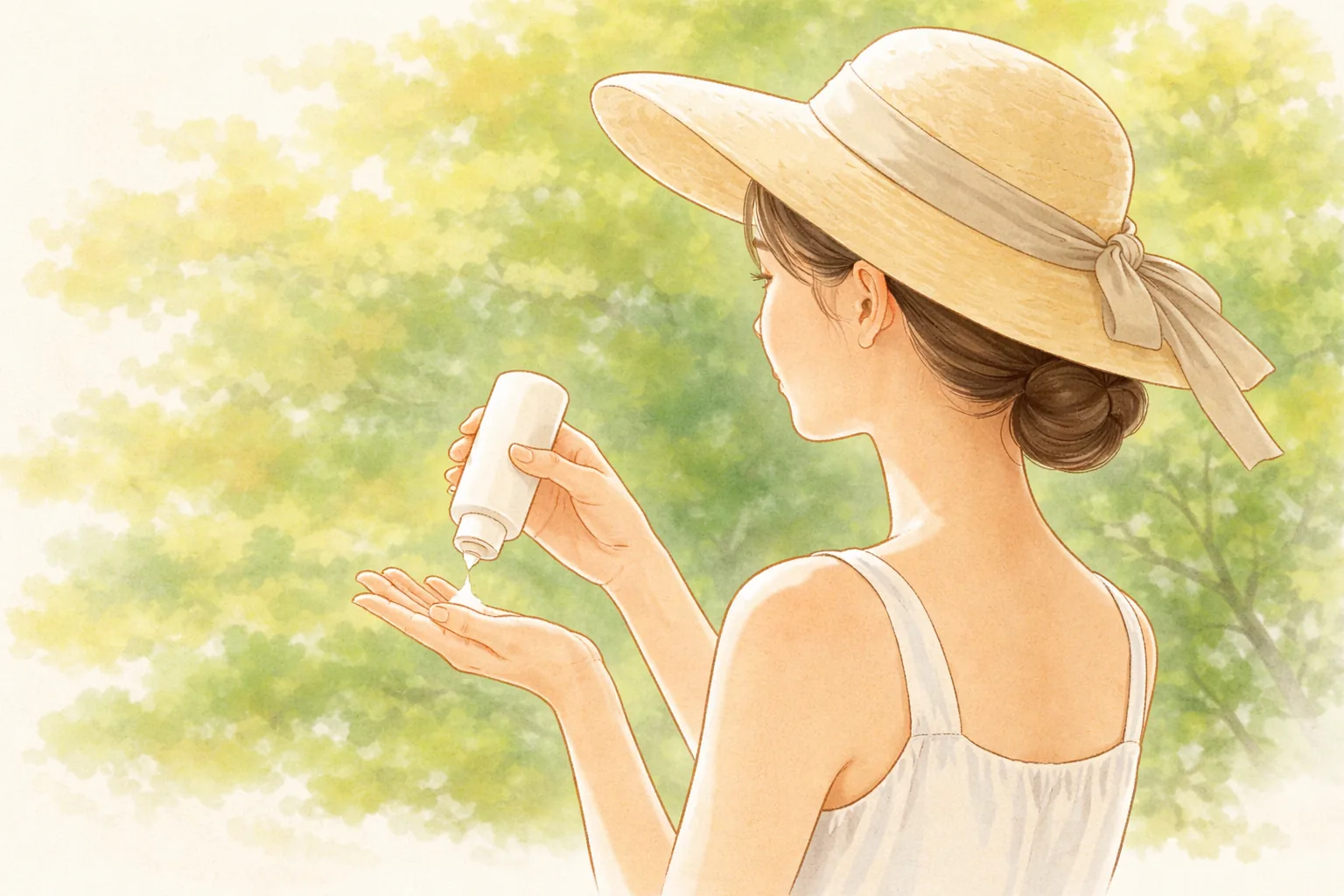 Woman in a wide-brimmed hat squeezing sunscreen into her hand outdoors
