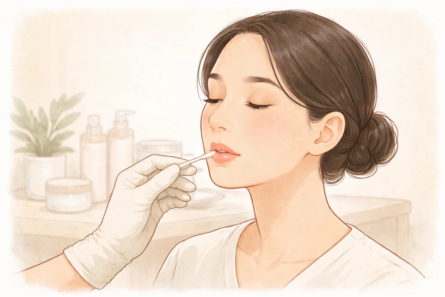 Gloved hand applying ointment to a woman's lower lip with a cotton swab