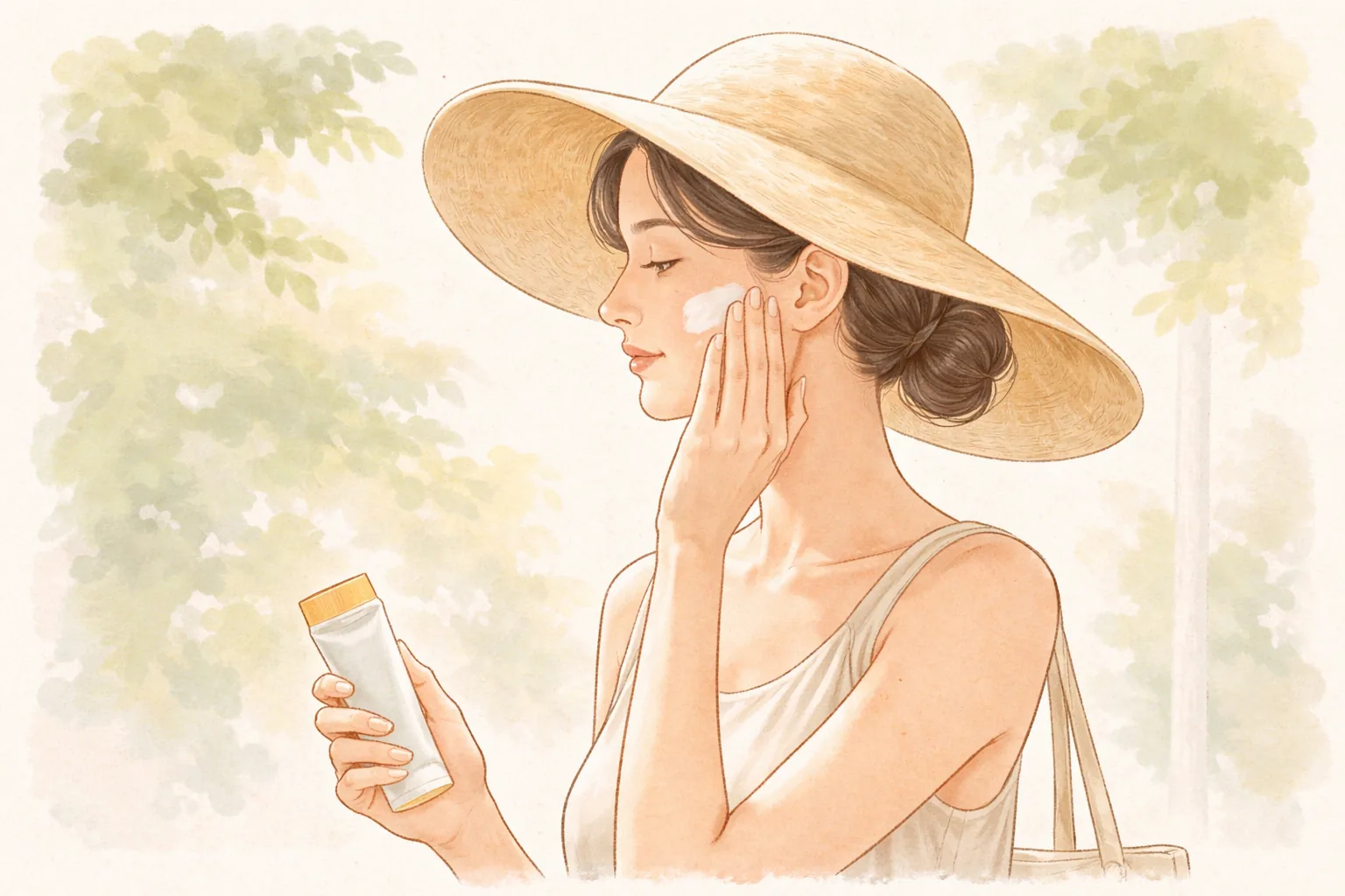 넓은 챙 모자를 쓴 여성이 자외선 차단제를 들고 볼에 바르고 있음